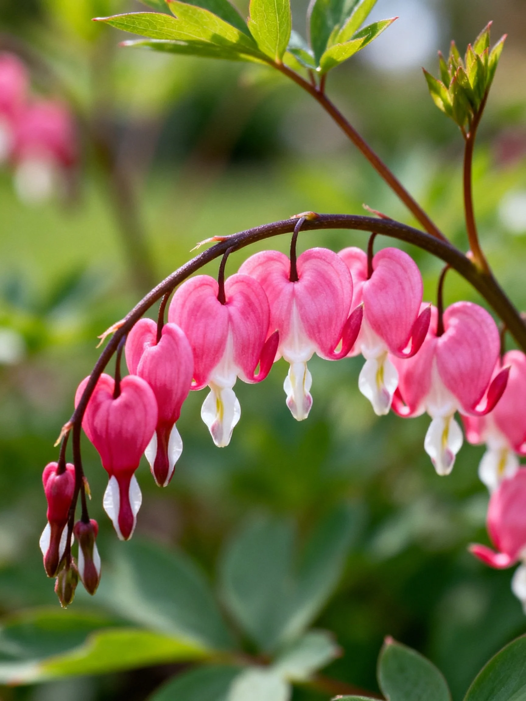 Vibrant pink bleeding heart flowers gracefully hang from curved stem