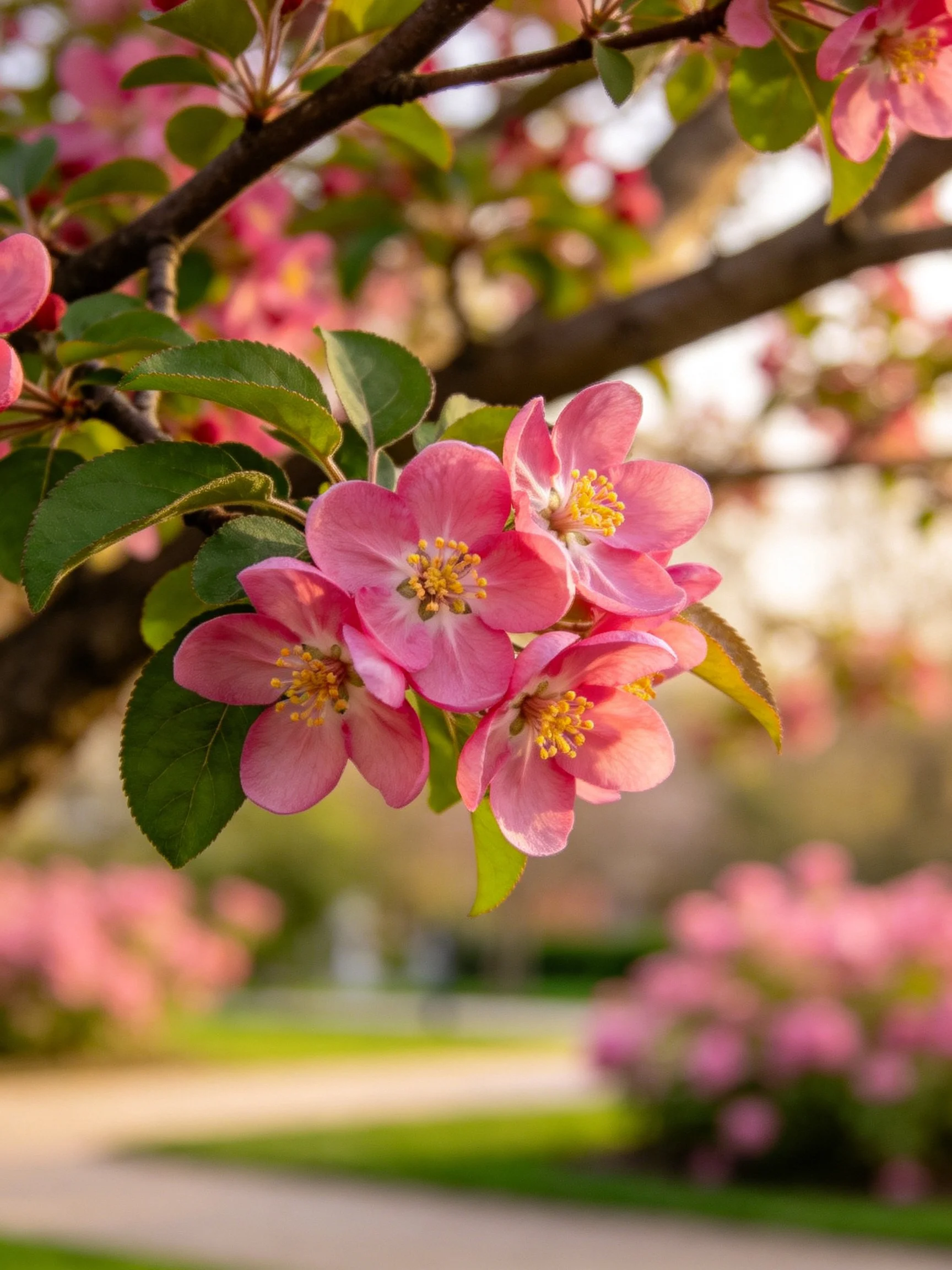 Vibrant pink blossoms cluster on dark branches with green foliage