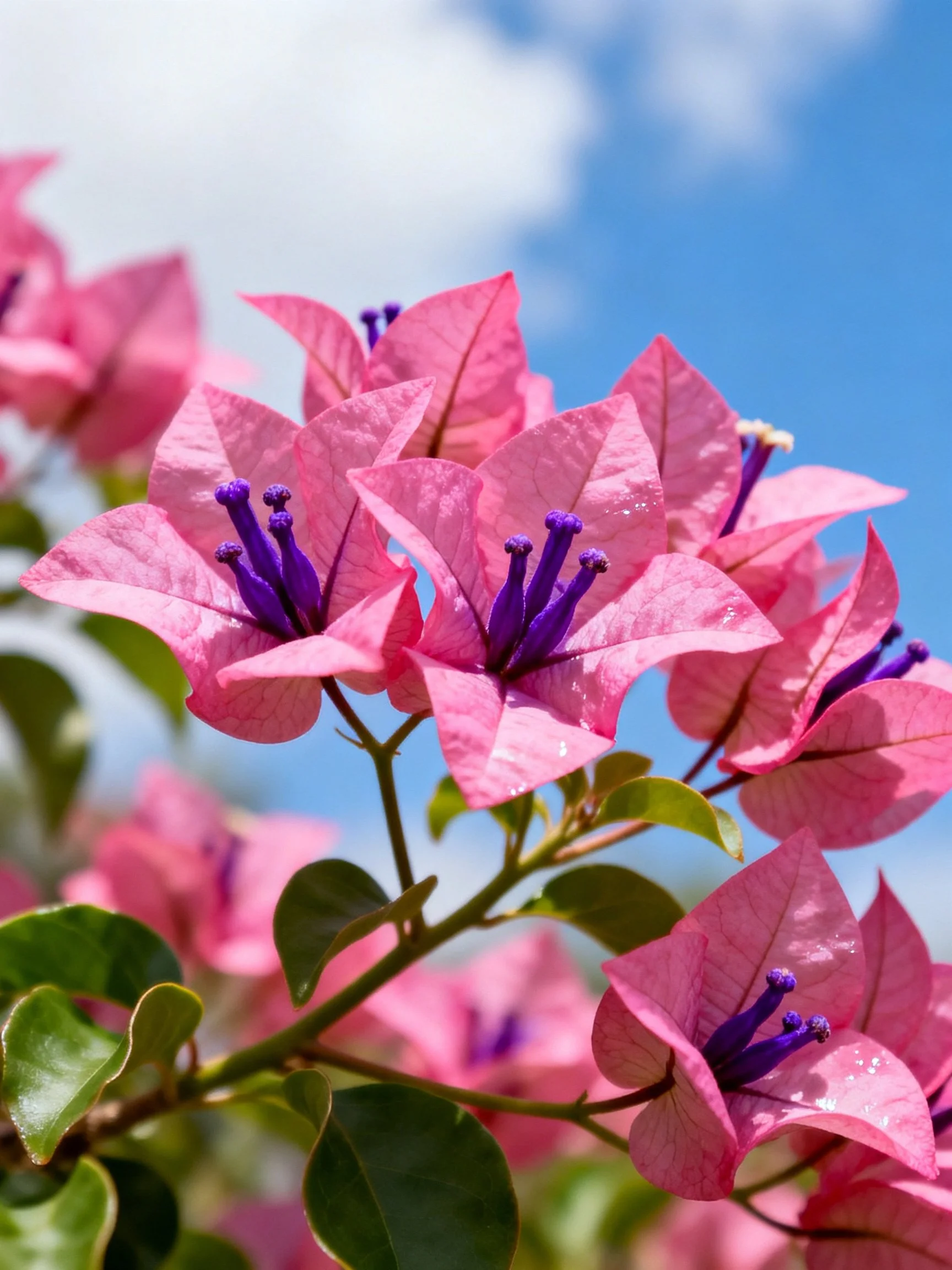 Vibrant pink bougainvillea blooms with deep purple stamens against a clear blue sky