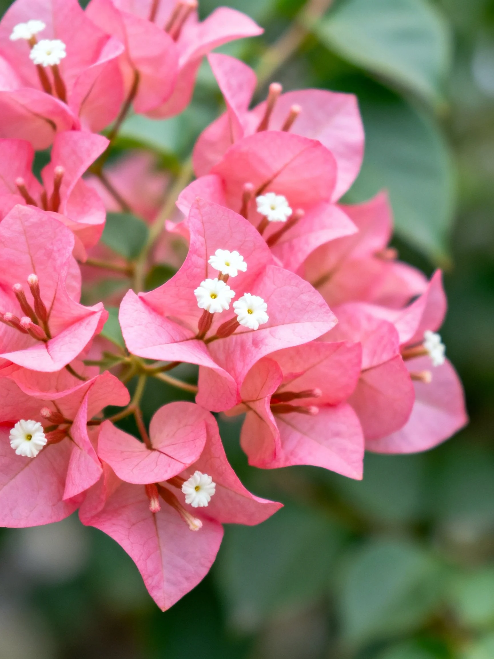 Vibrant pink bougainvillea blooms with small white centers