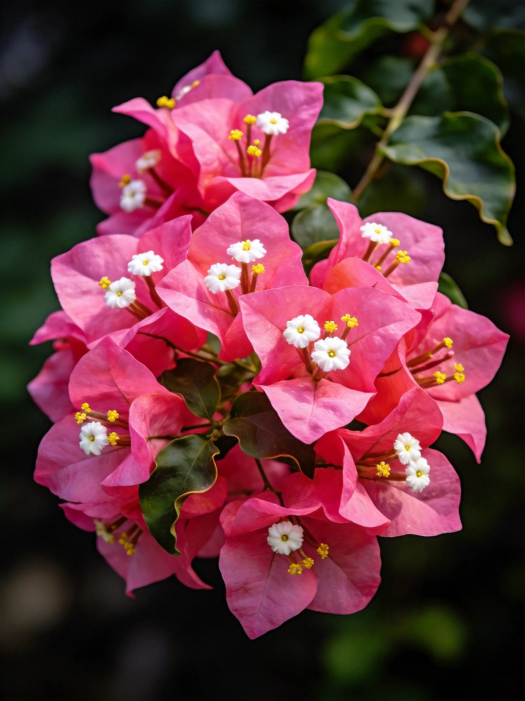 Vibrant pink bougainvillea blooms with white and yellow floral details