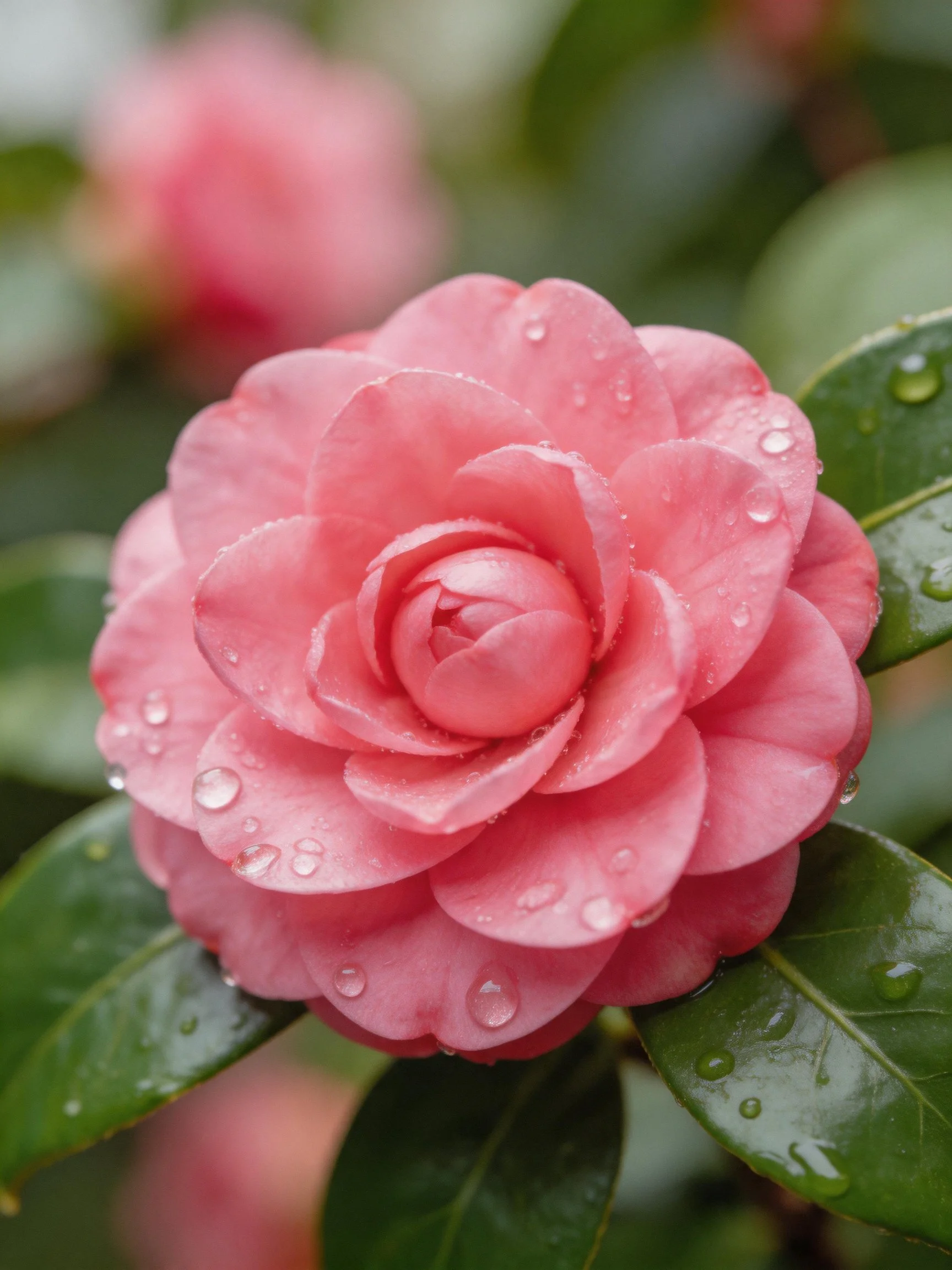 Vibrant pink camellia flower with water droplets