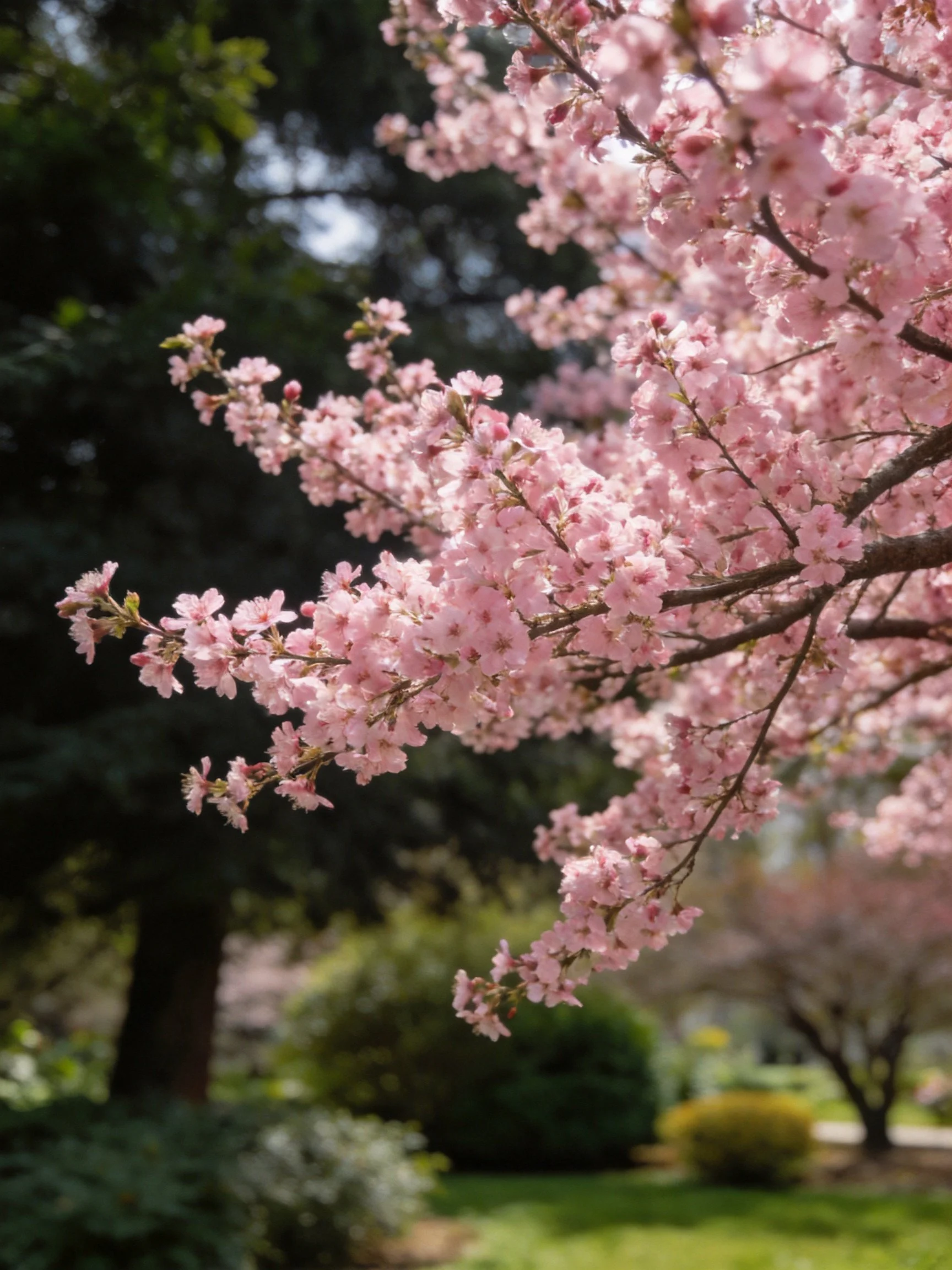 Vibrant pink cherry blossom branches amidst lush greenery