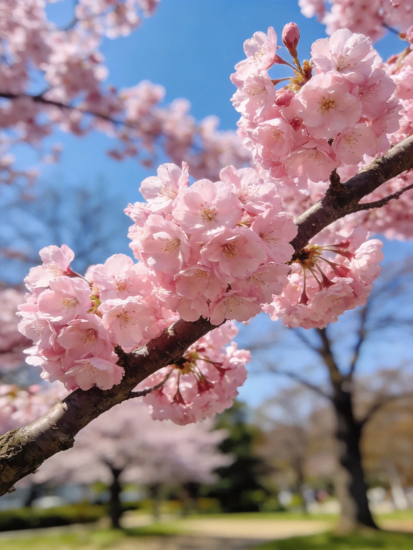 Vibrant pink cherry blossom clusters adorn dark branches with a clear blue sky