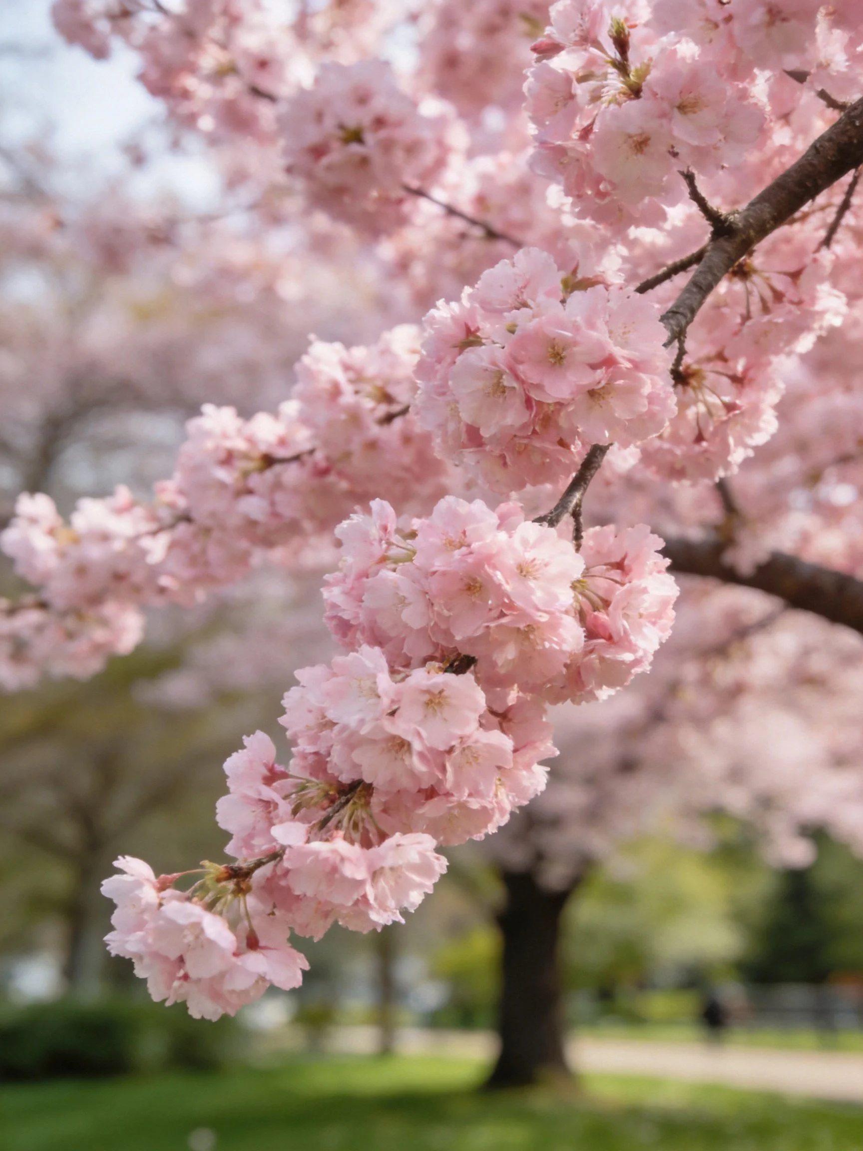 Vibrant pink cherry blossom clusters on dark branches