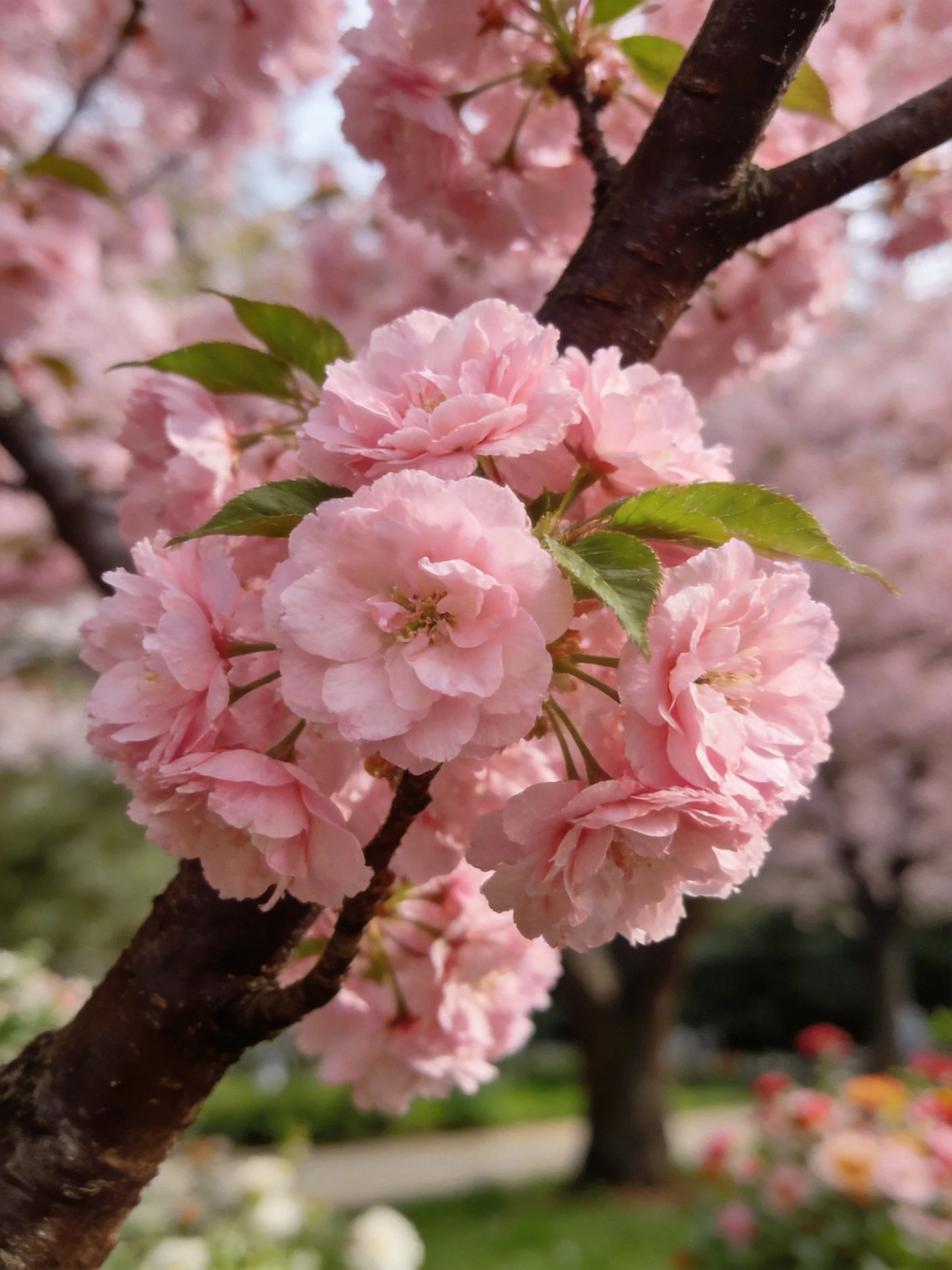 Vibrant pink cherry blossom clusters on dark brown branches