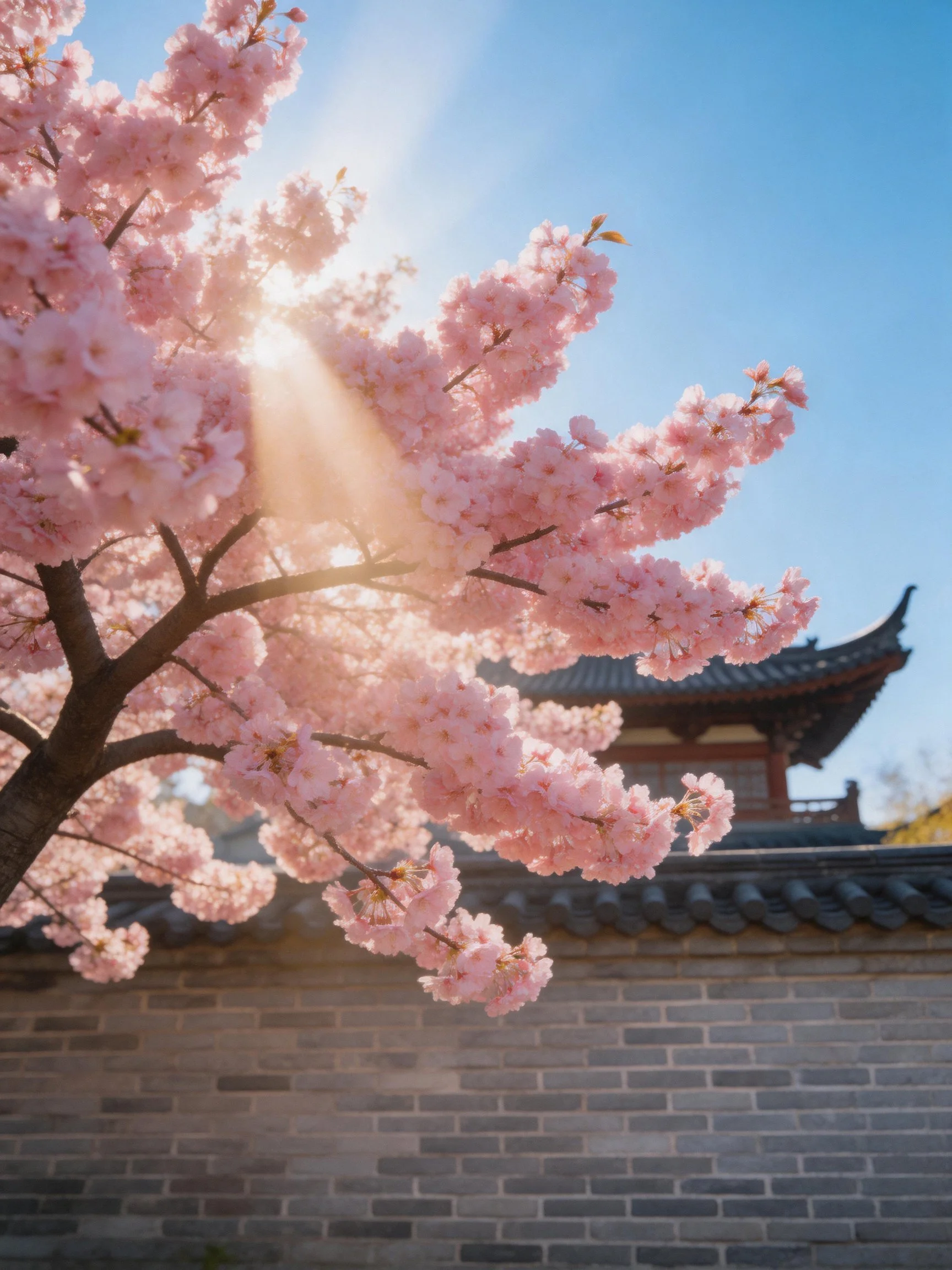 Vibrant pink cherry blossoms with sunlight, traditional building backdrop