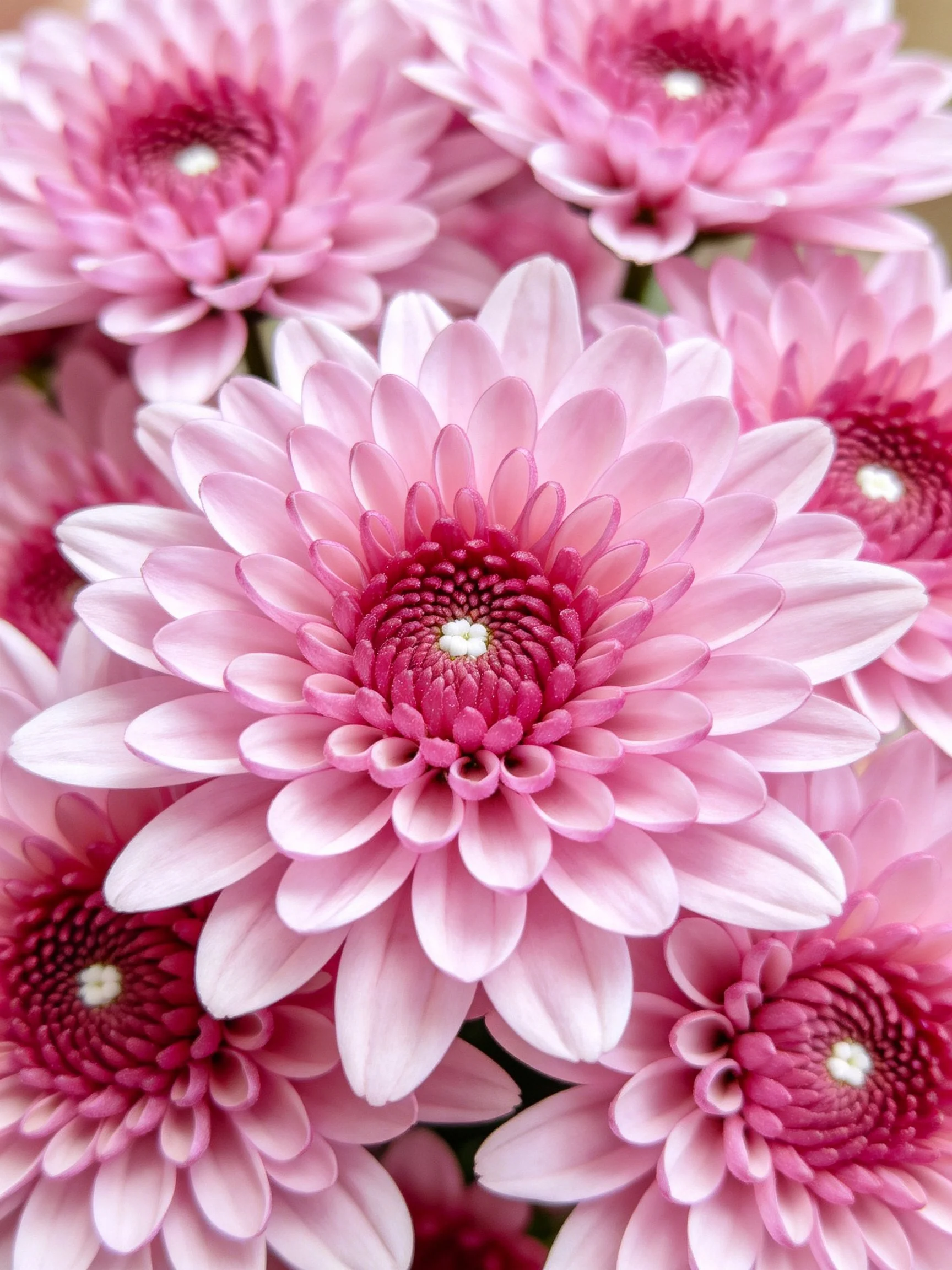 Vibrant pink chrysanthemums clustered closely together