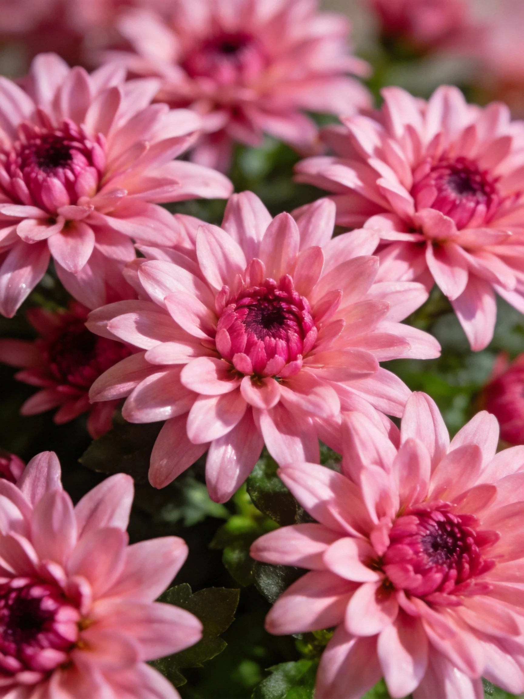 Vibrant pink chrysanthemums clustered in natural daylight