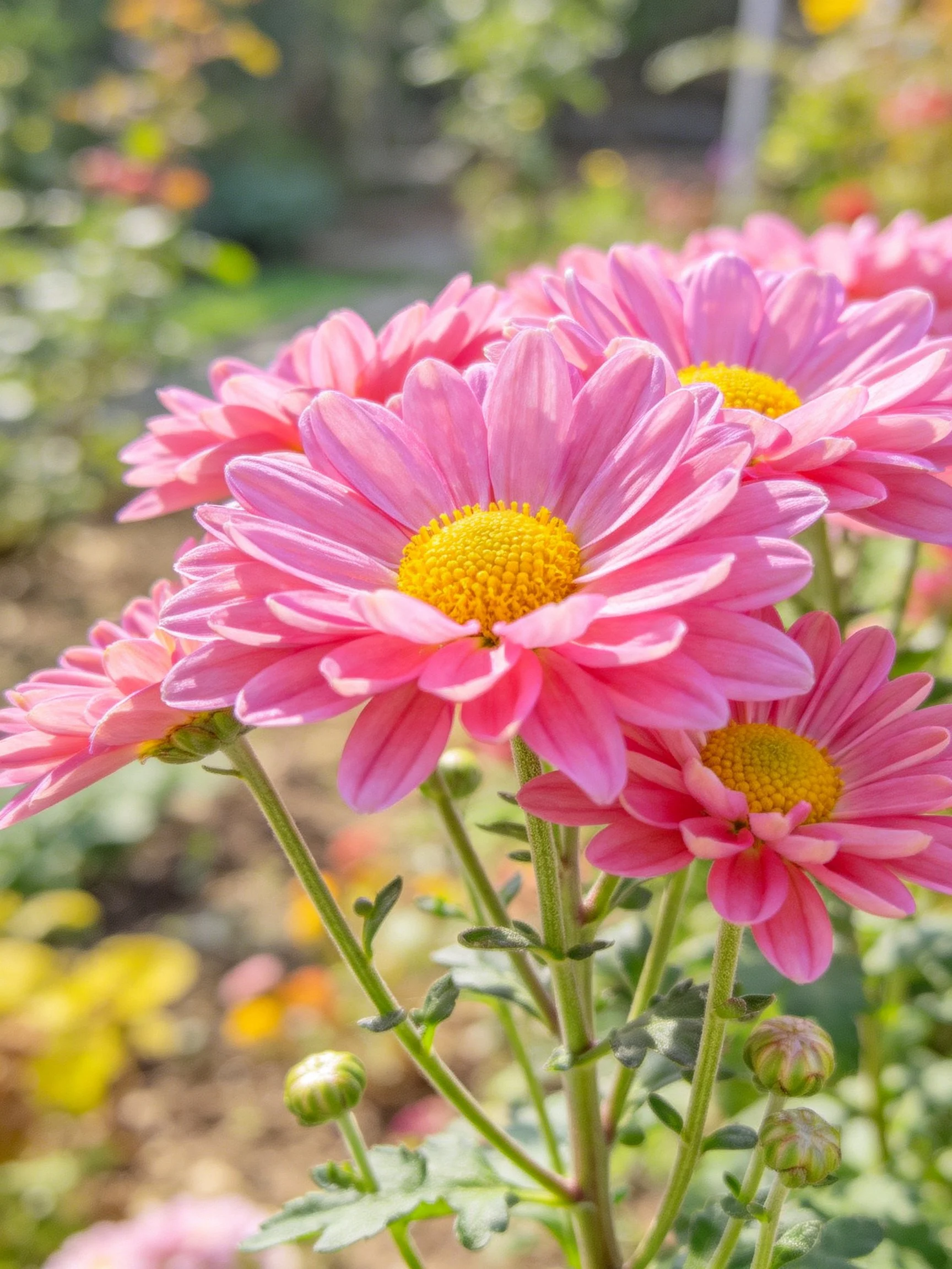 Vibrant pink chrysanthemums with bright yellow centers clustered outdoors