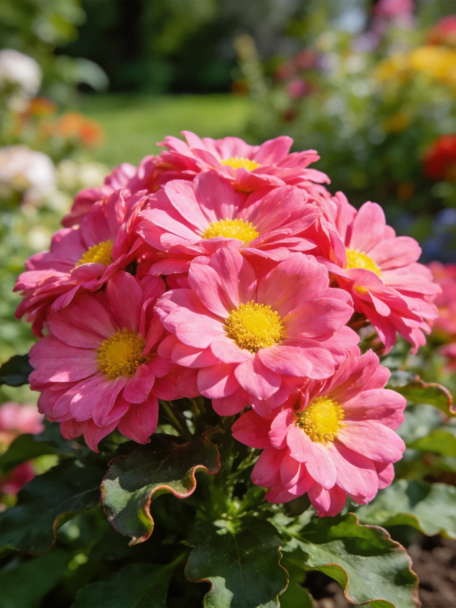 Vibrant pink chrysanthemums with bright yellow centers clustered