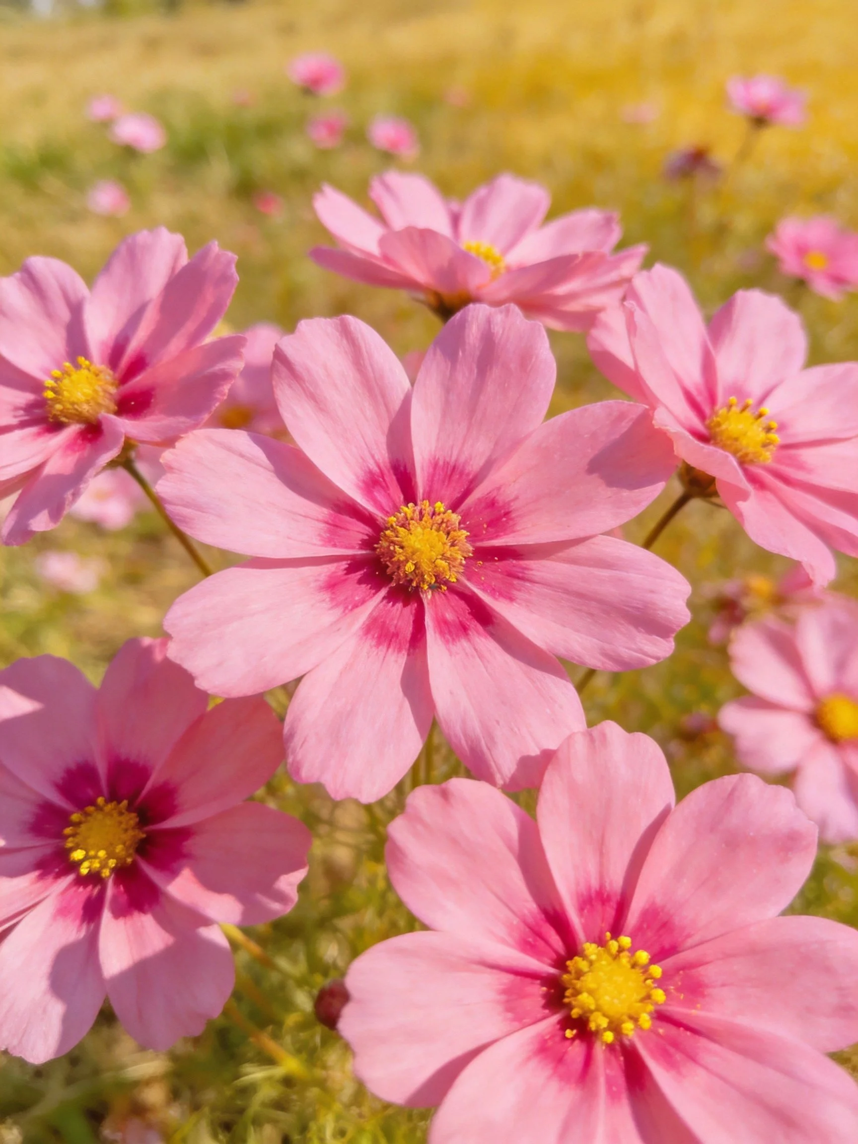 Vibrant pink cosmos blooms with yellow centers in a sunlit meadow