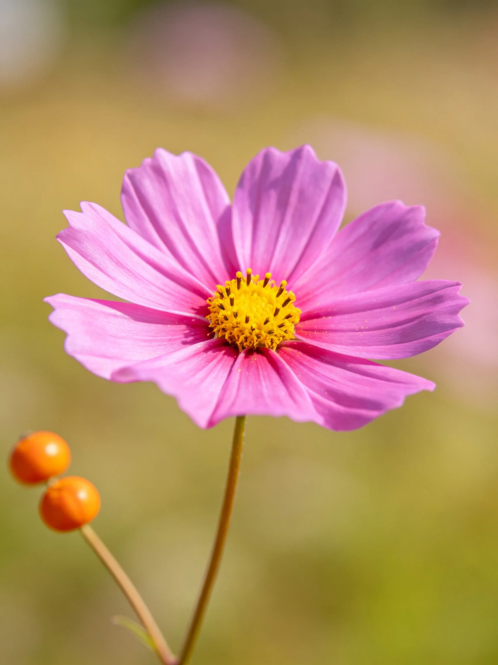 Vibrant pink cosmos flower with two orange berries nearby