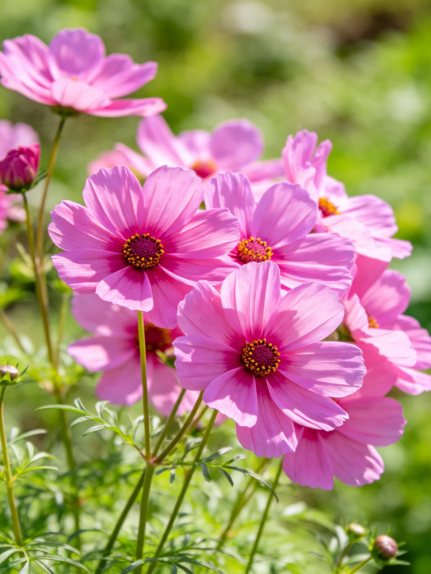 Vibrant pink cosmos flowers blooming densely in a sunlit garden