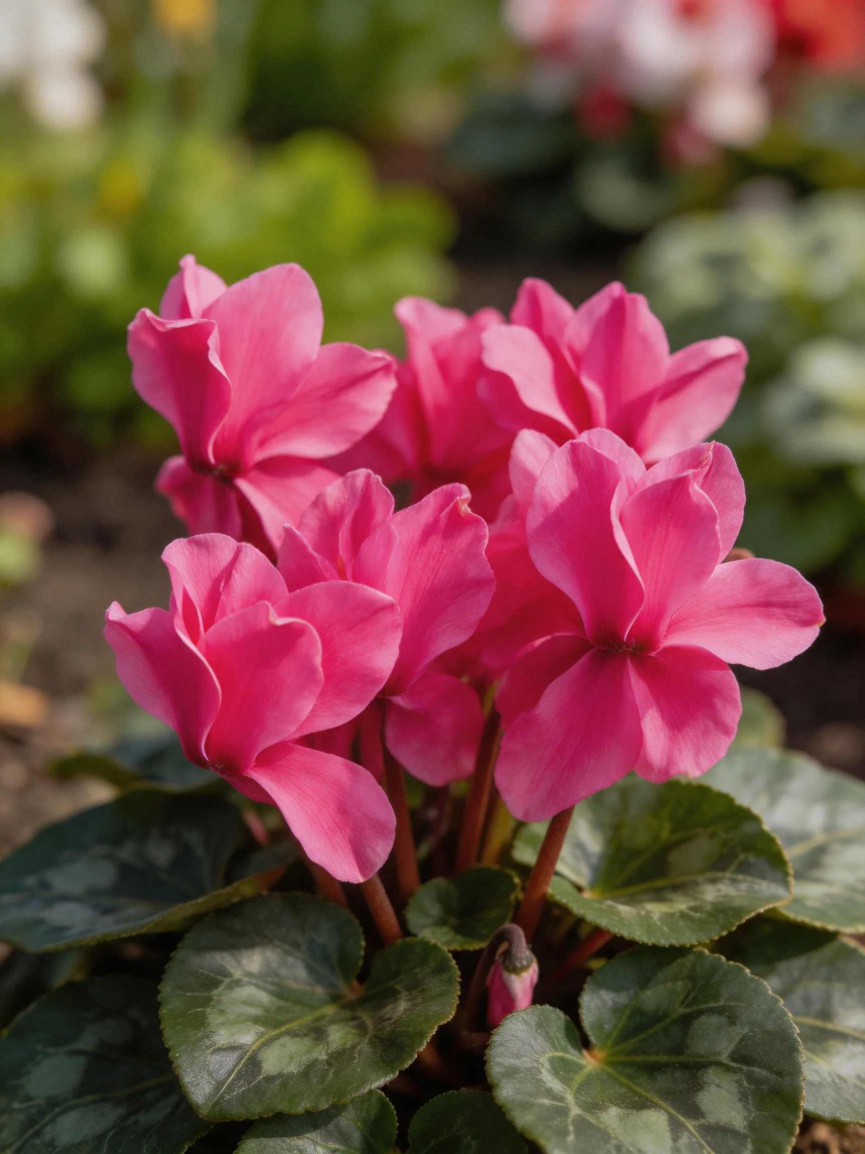 Vibrant pink cyclamen blooms clustered among variegated green leaves