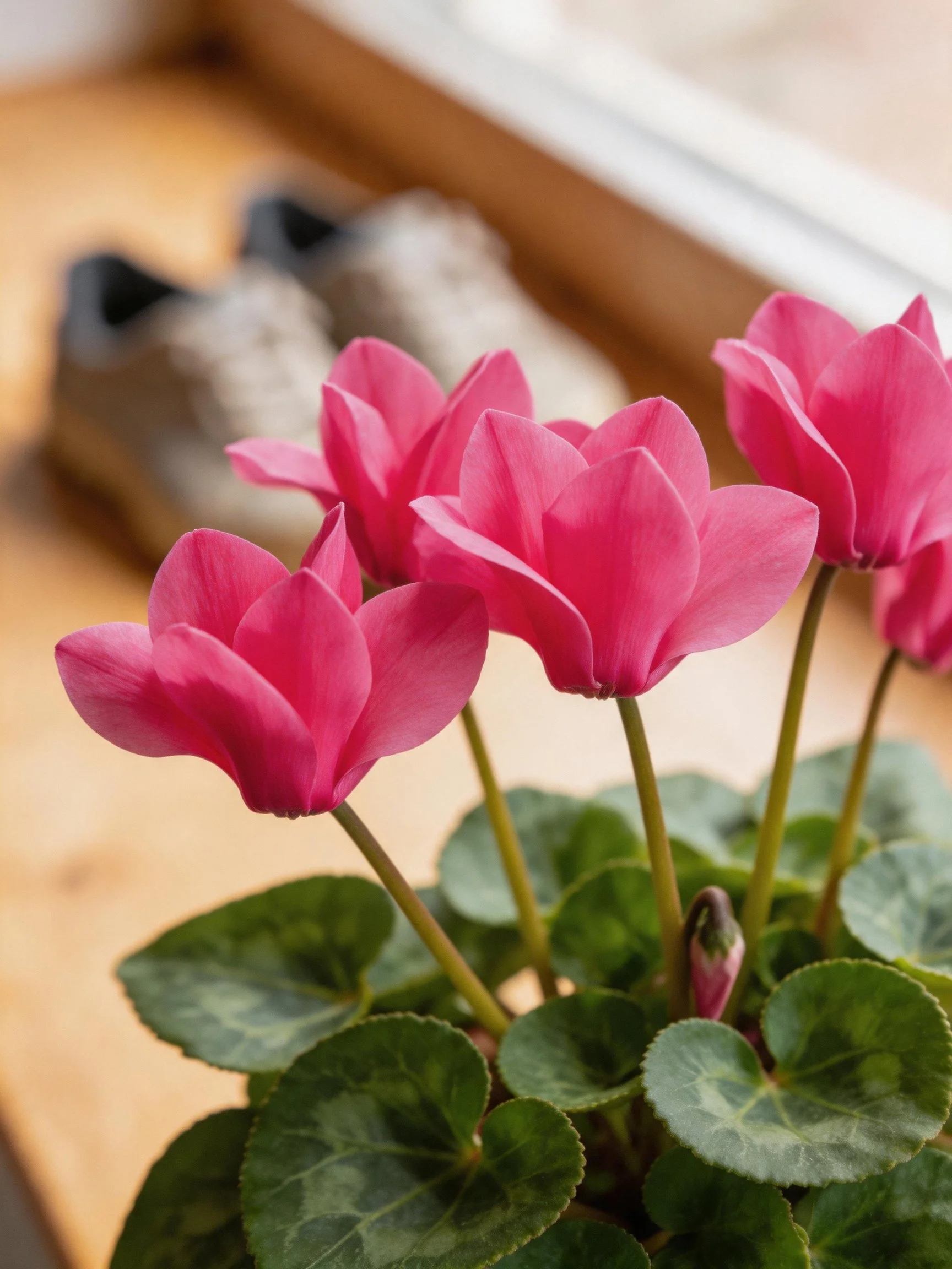 Vibrant pink cyclamen blooms with green foliage near footwear