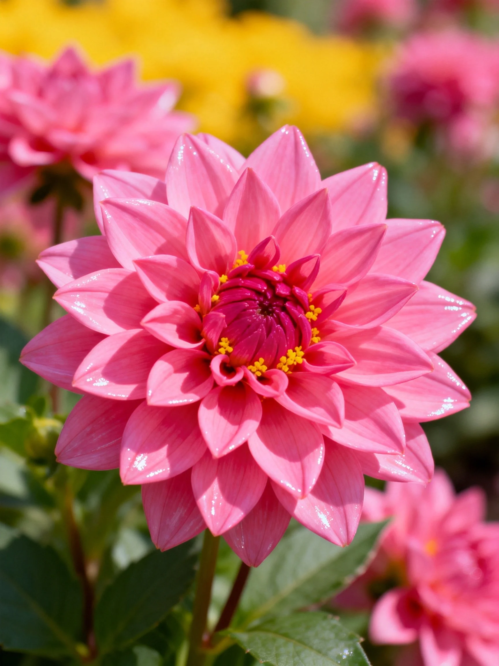 Vibrant pink dahlia blooms with layered petals and yellow centers