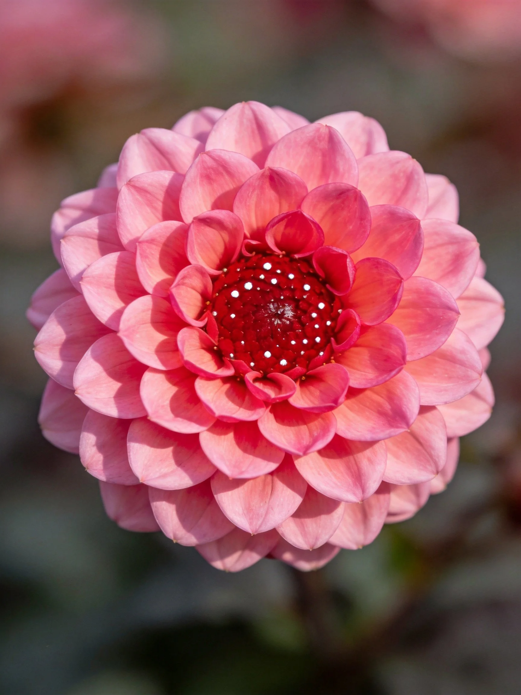 Vibrant pink dahlia with layered petals and red center