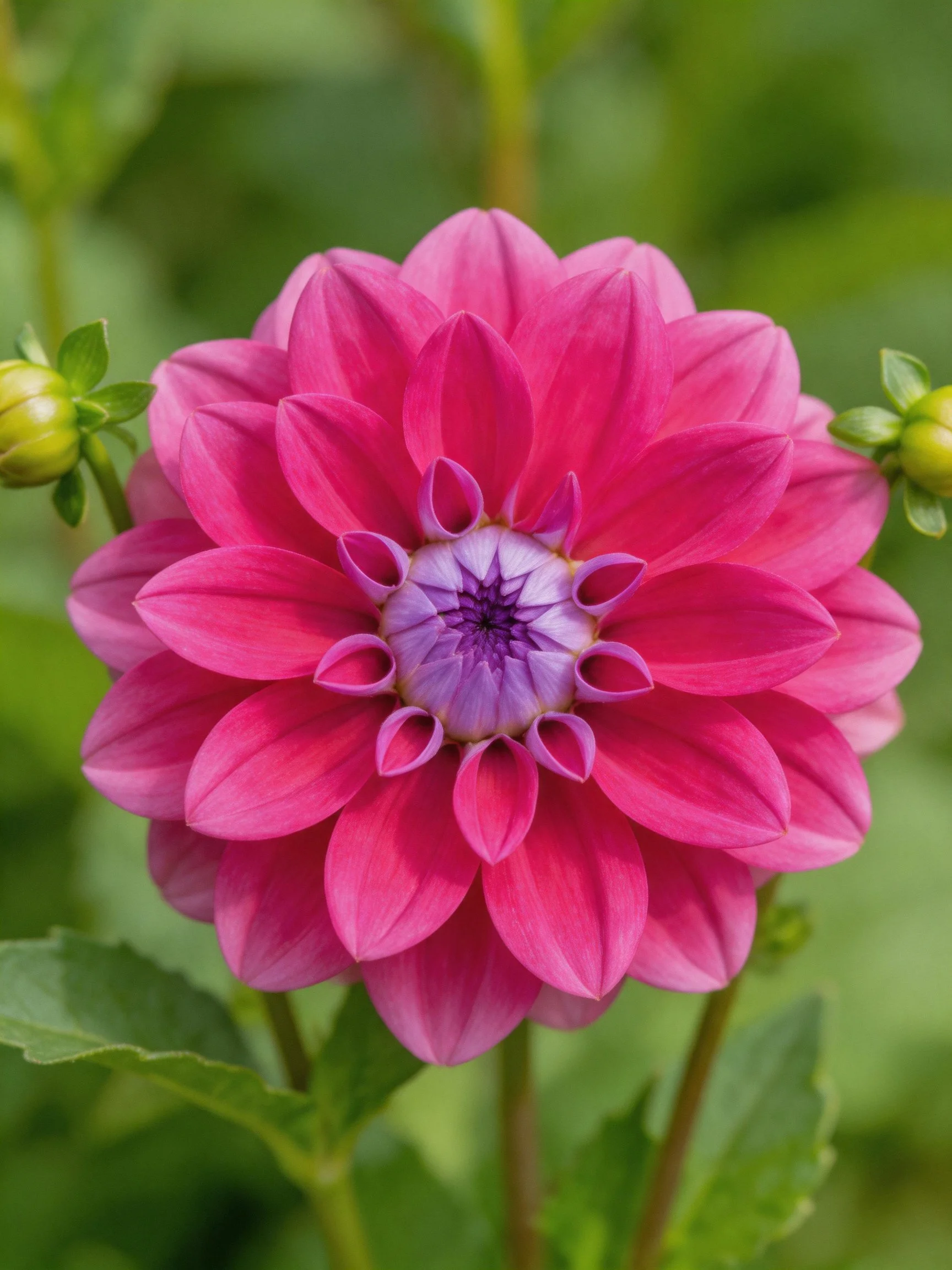 Vibrant pink dahlia with purple center and green buds