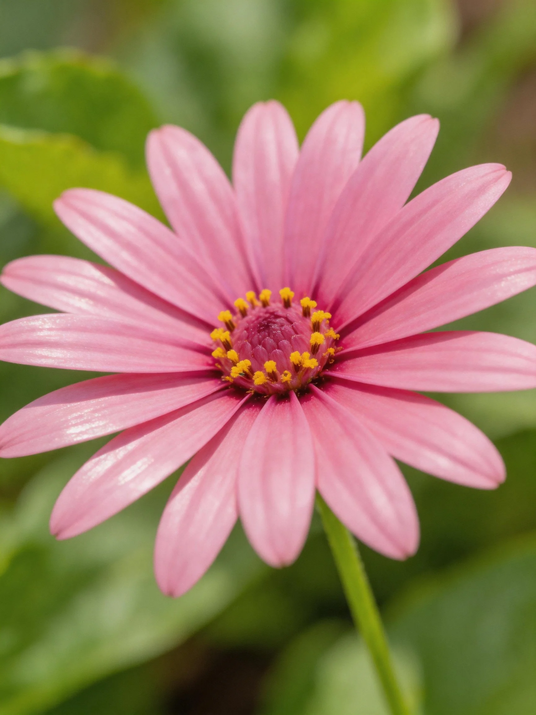 Vibrant pink daisy with yellow center and green foliage