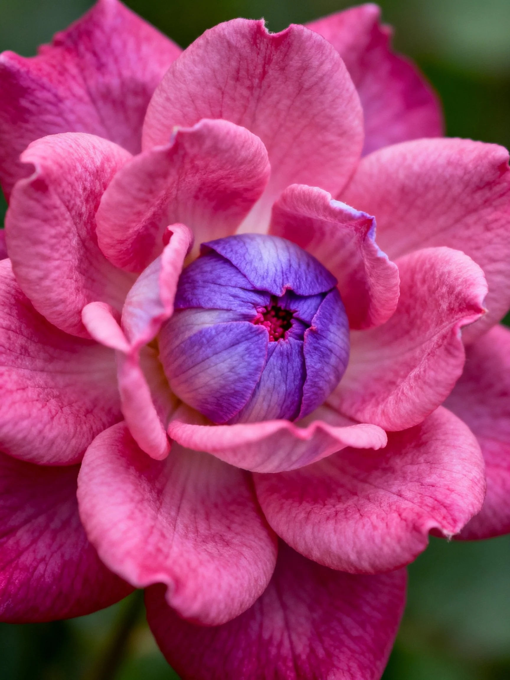 Vibrant pink flower with deep purple central bud