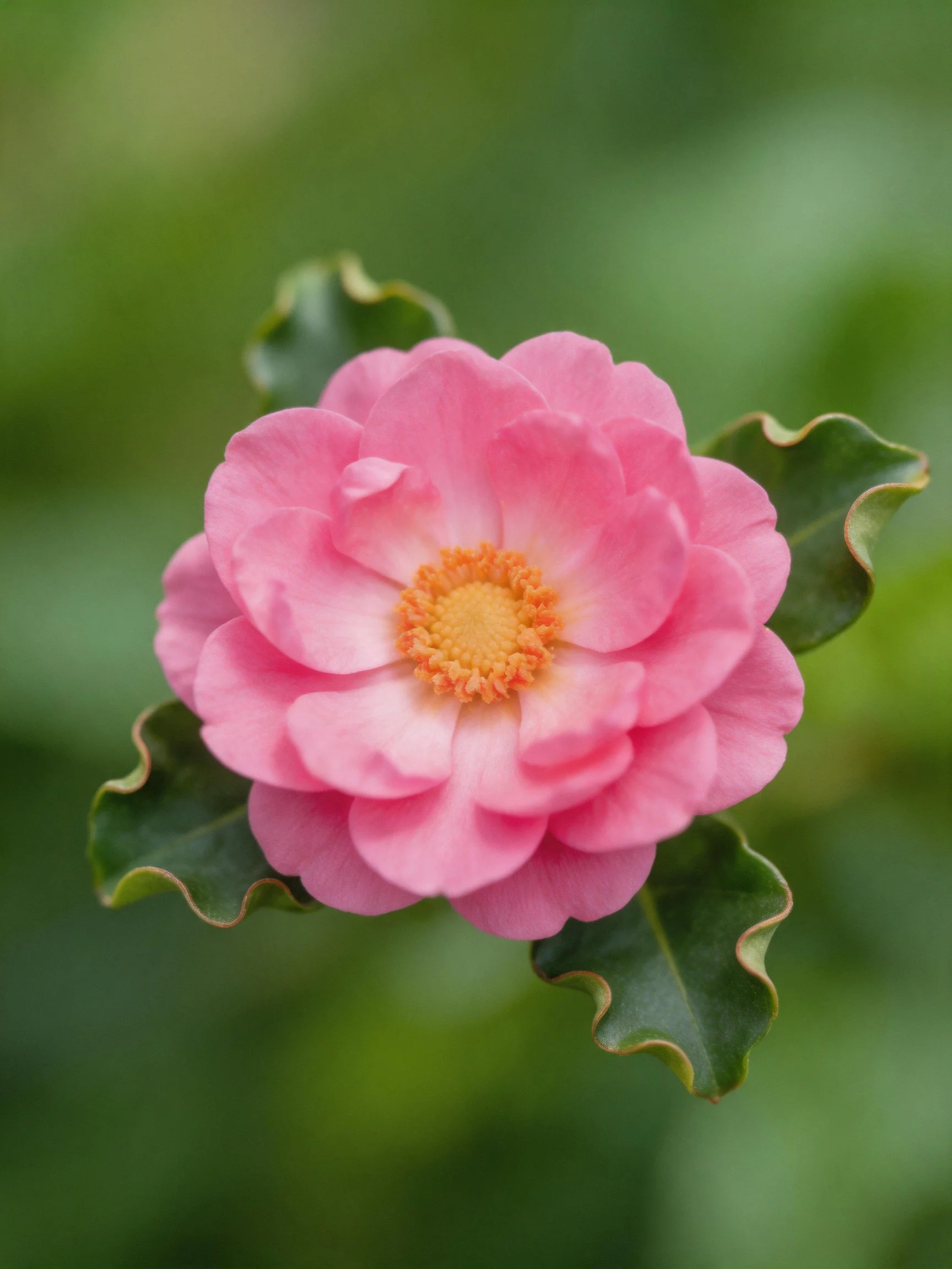 Vibrant pink flower with layered petals and green leaves