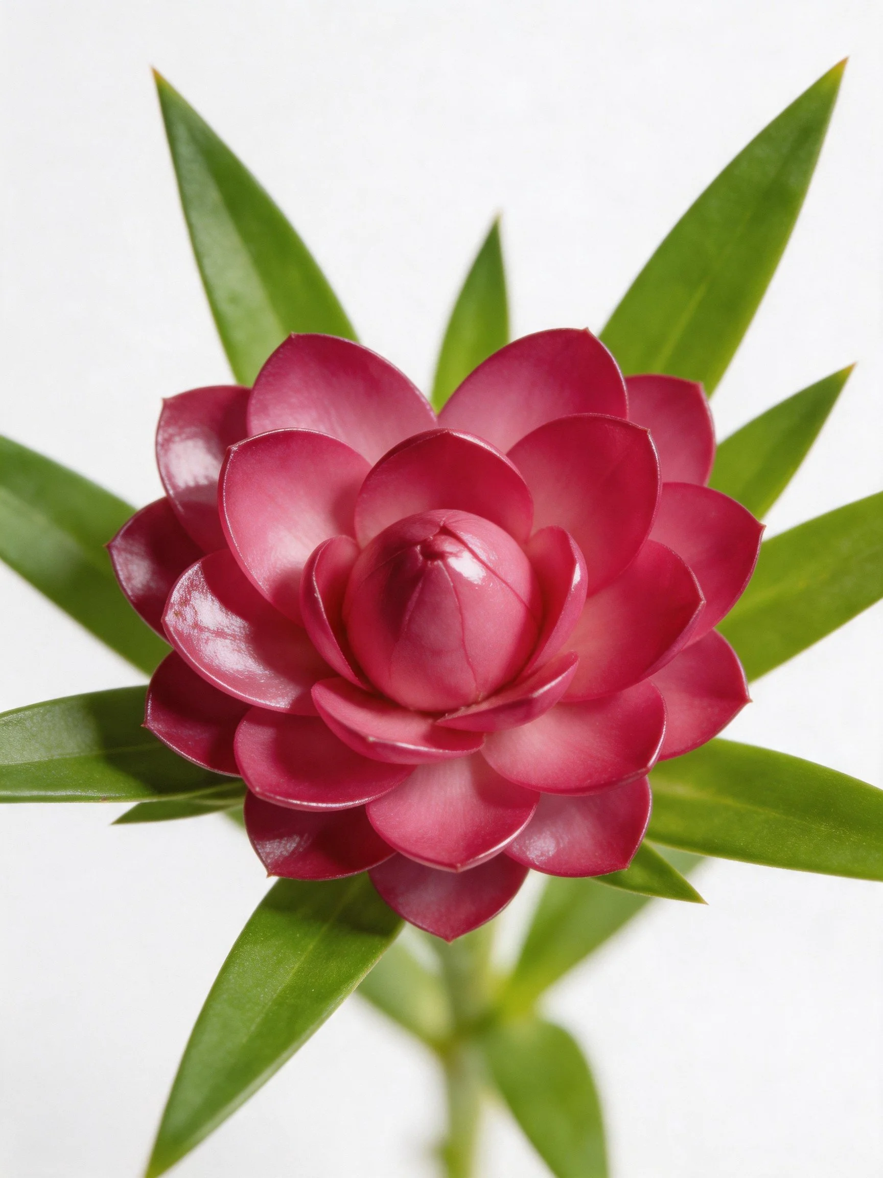 Vibrant pink flower with layered petals and green leaves