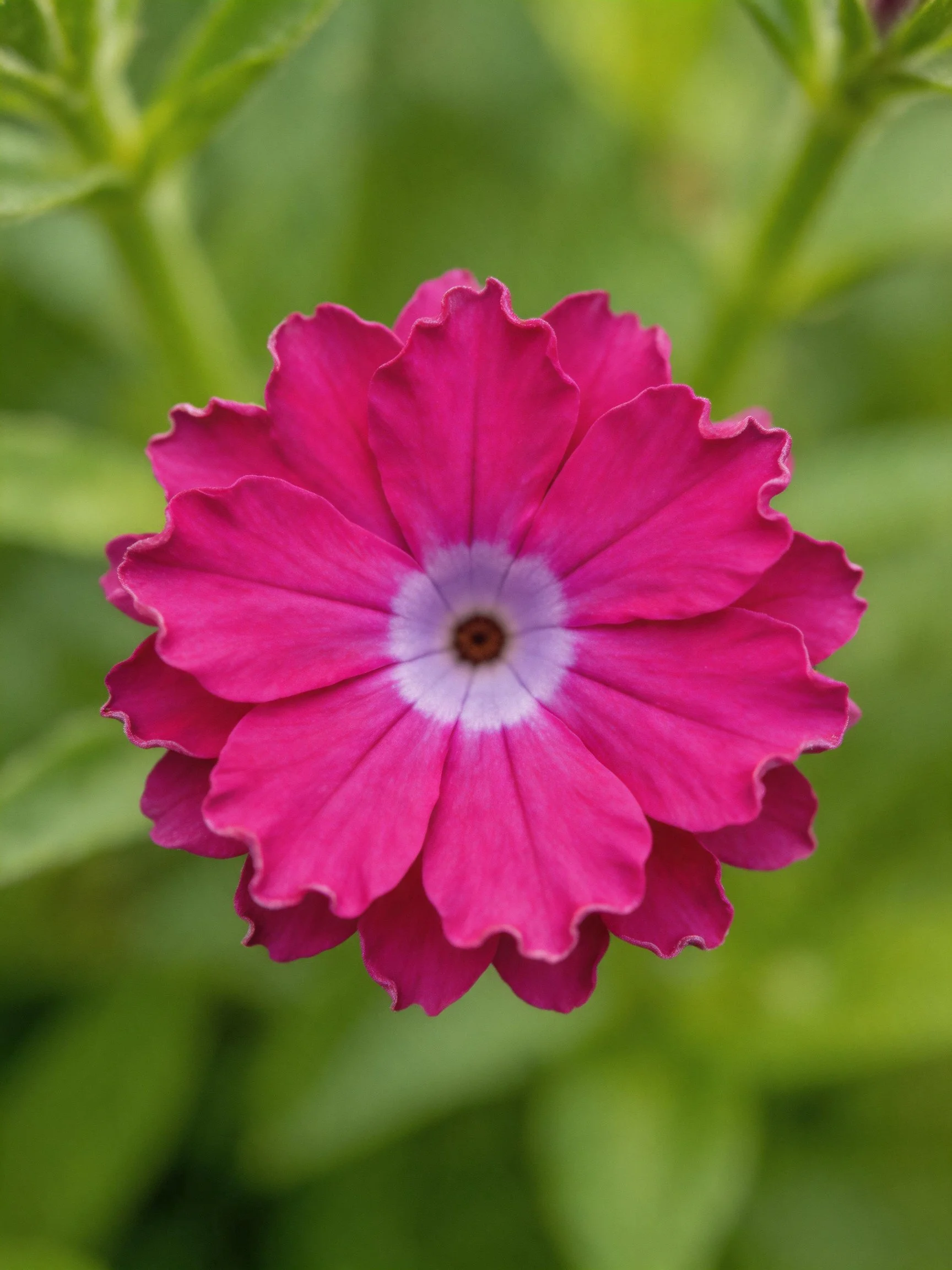 Vibrant pink flower with layered petals, purple center, green foliage