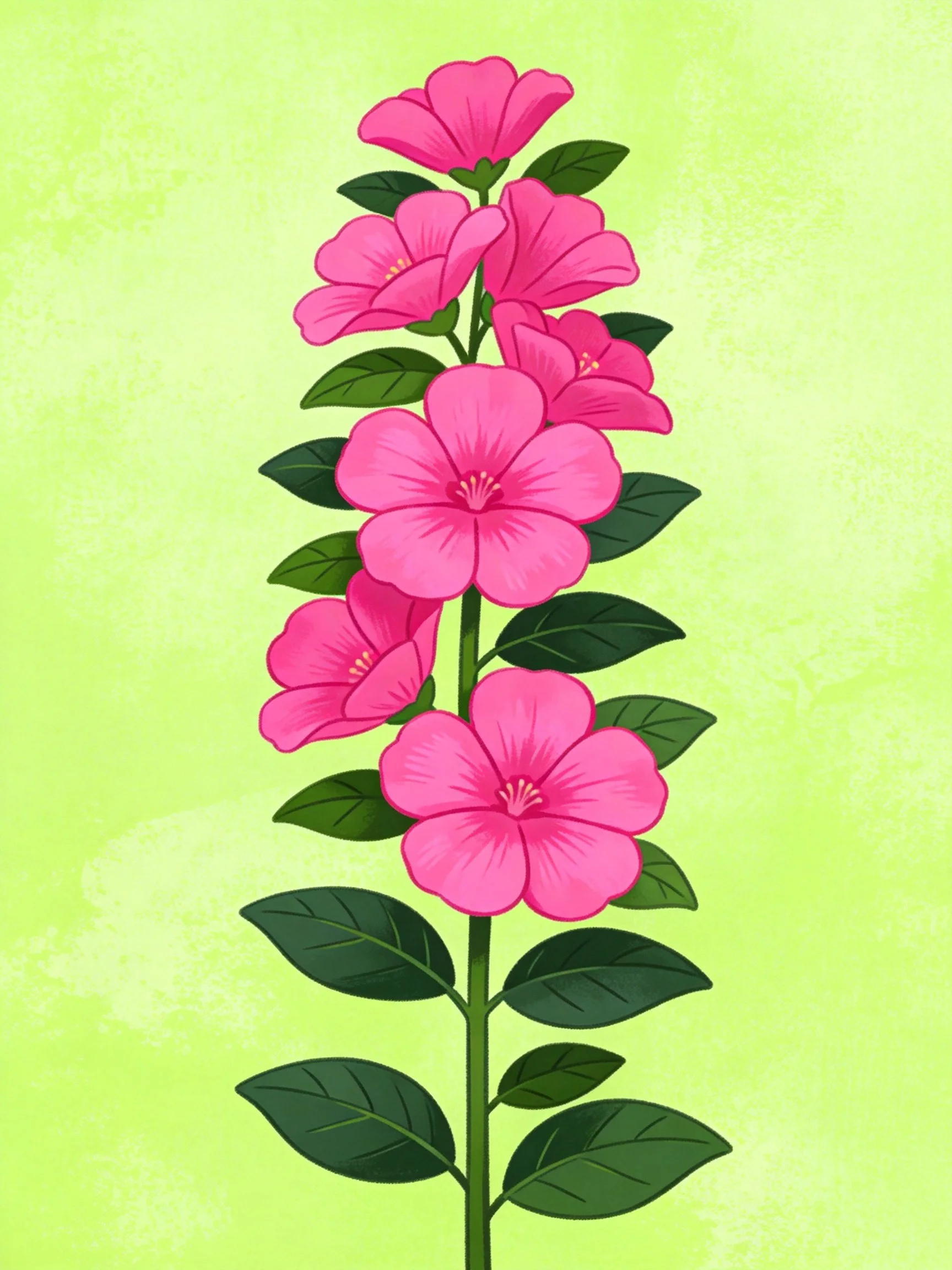 Vibrant pink flowers and dark green leaves on a tall plant against a light green backdrop