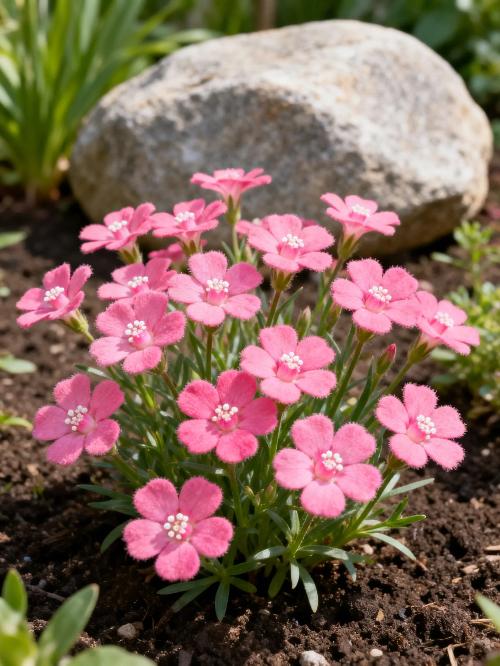 Vibrant pink flowers cluster beside a large rock in a garden bed