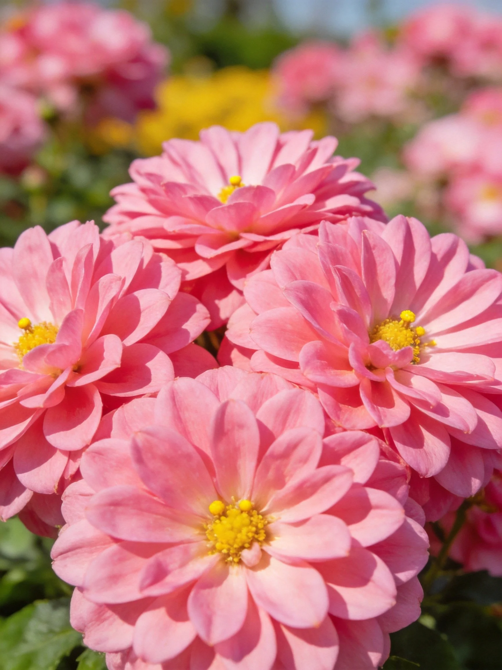 Vibrant pink flowers cluster together with bright yellow centers