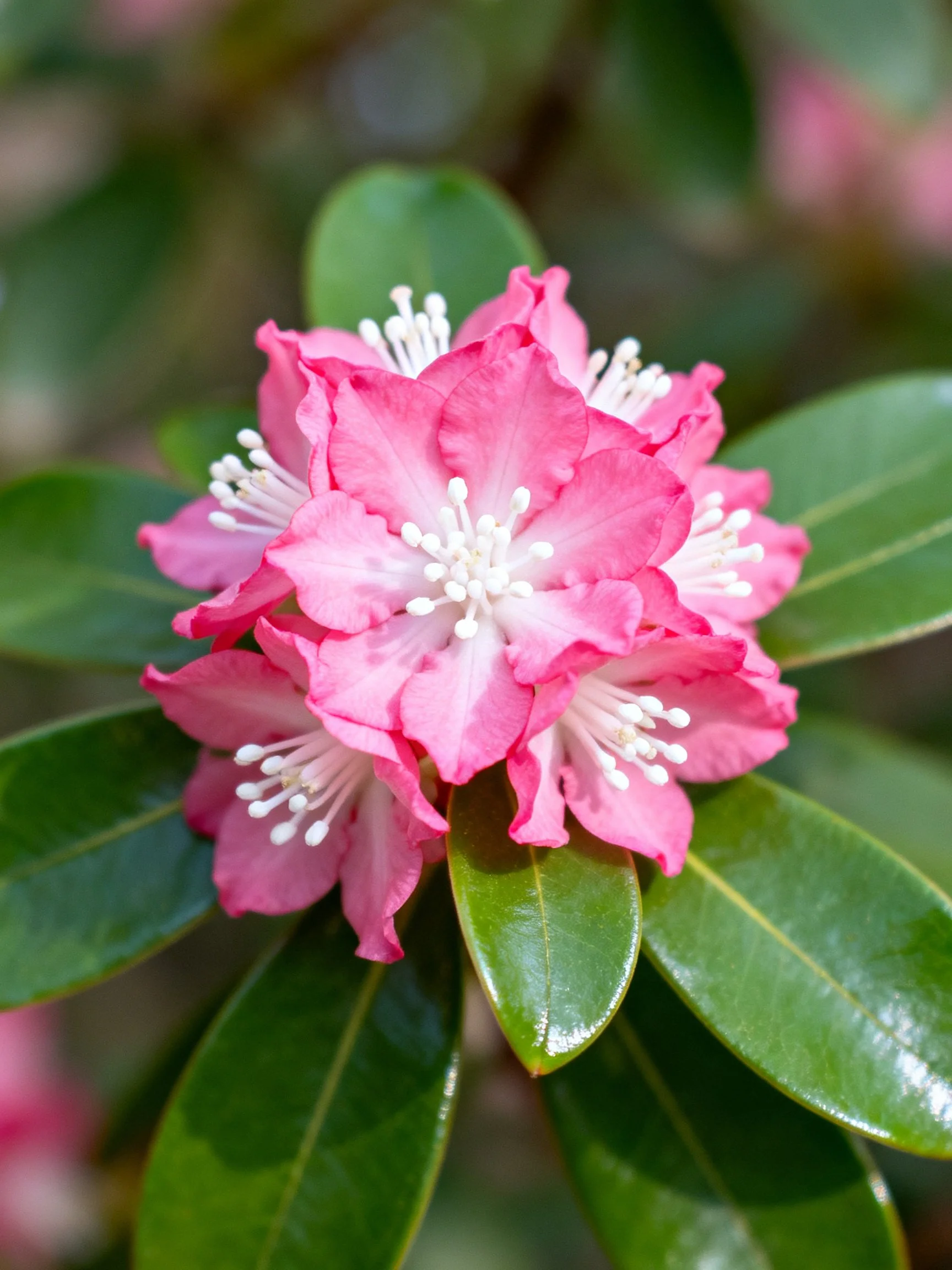 Vibrant pink flowers clustered among glossy green leaves
