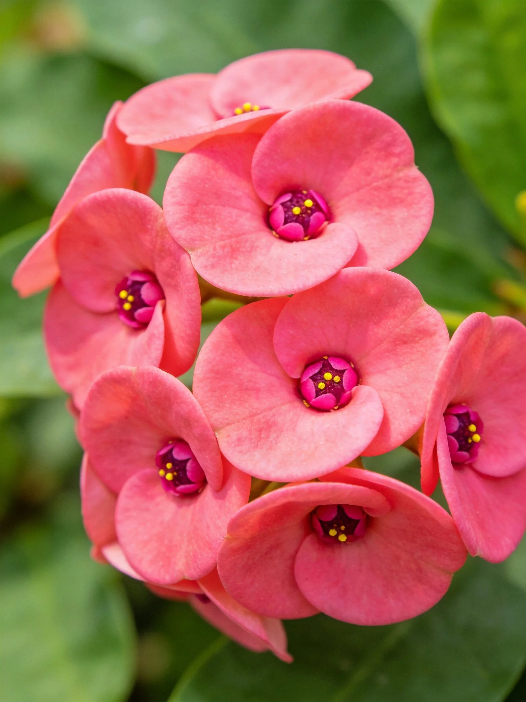 Vibrant pink flowers clustered with dark centers and green foliage