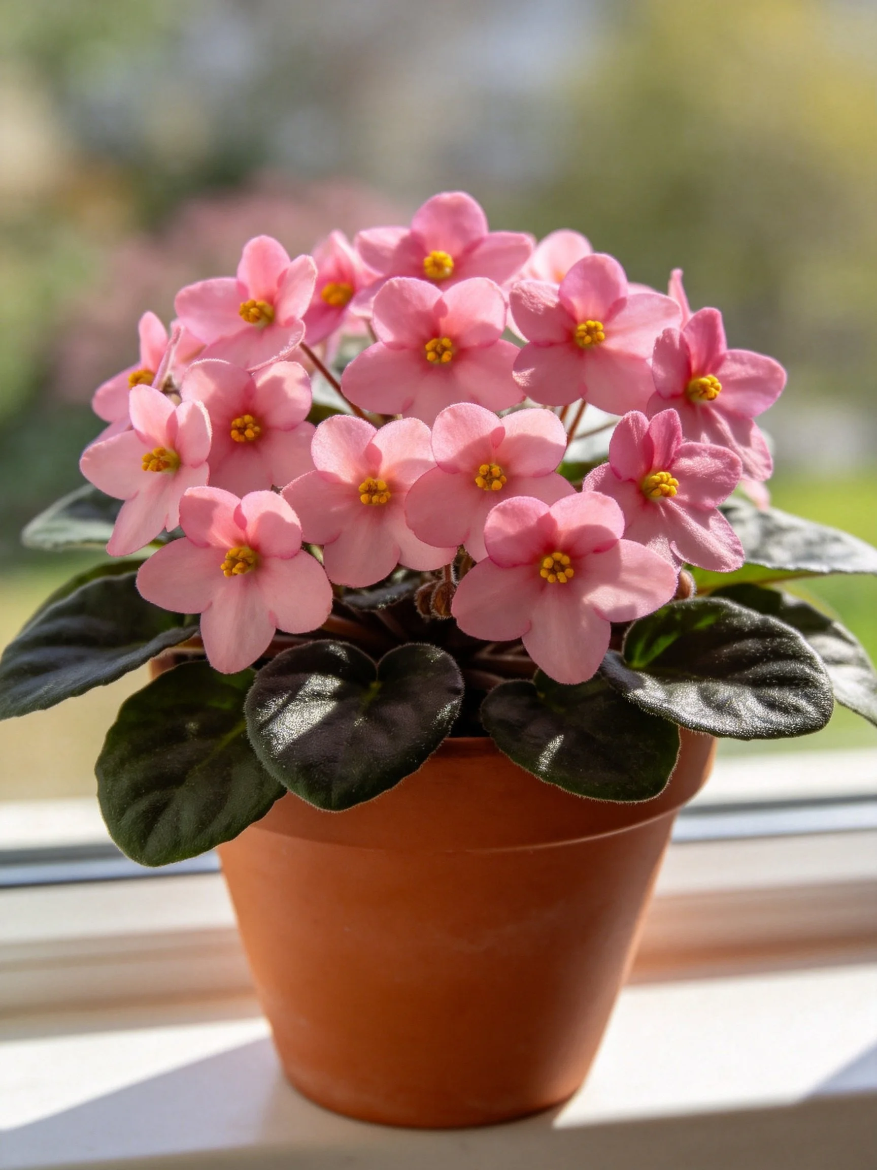 Vibrant pink flowers in terracotta pot by sunlit window