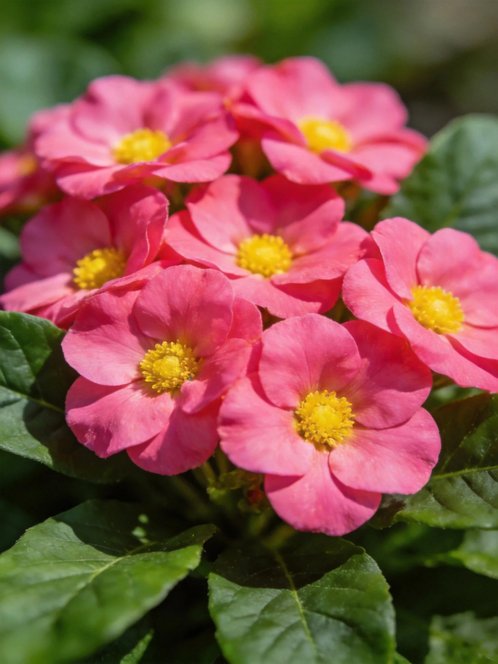 Vibrant pink flowers with bright yellow centers amid glossy green leaves