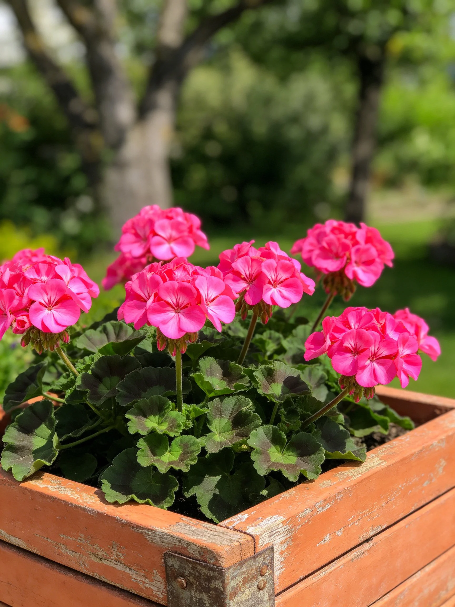 Vibrant pink geraniums in a weathered wooden planter