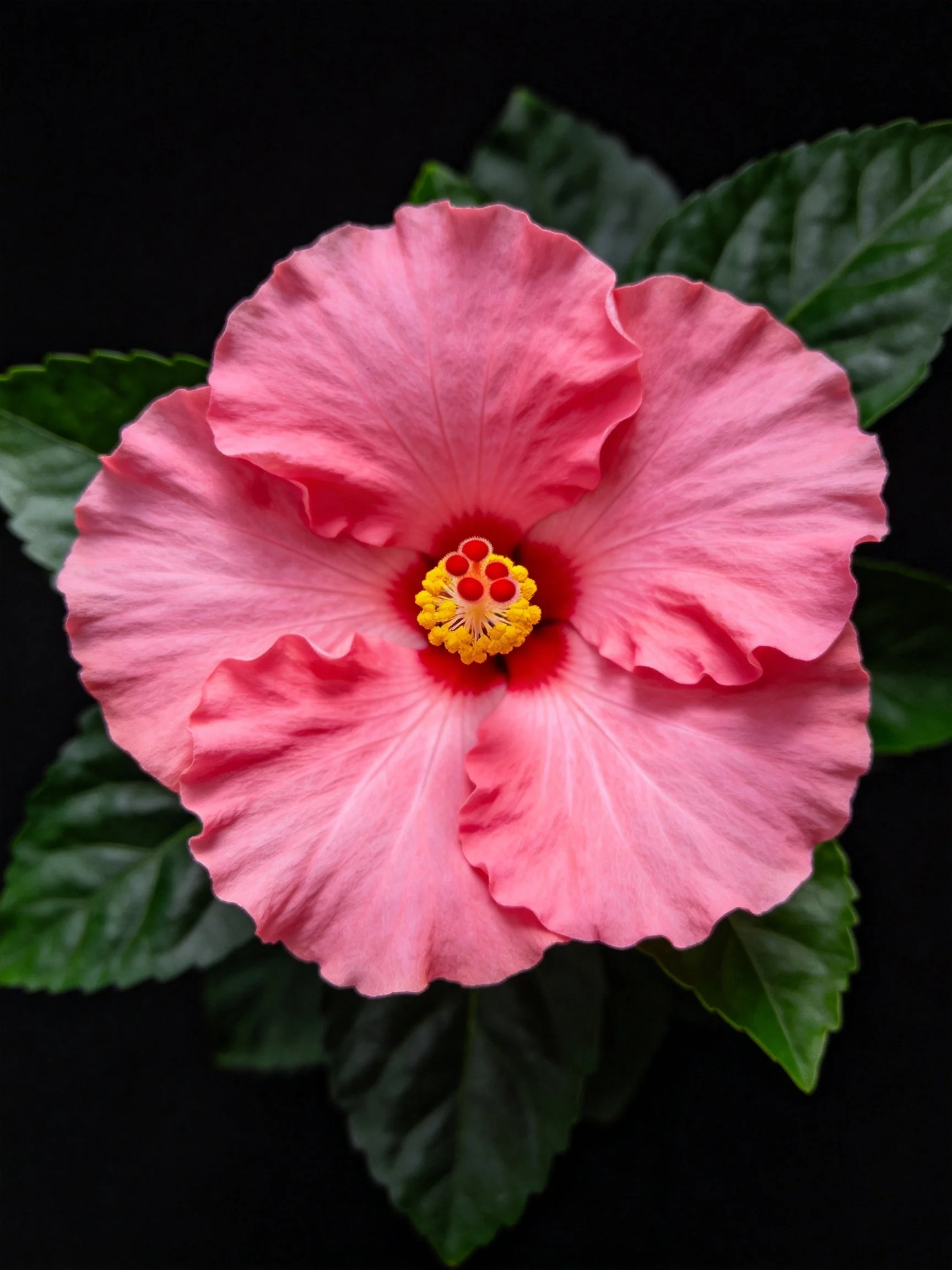Vibrant pink hibiscus flower with green leaves against a black backdrop