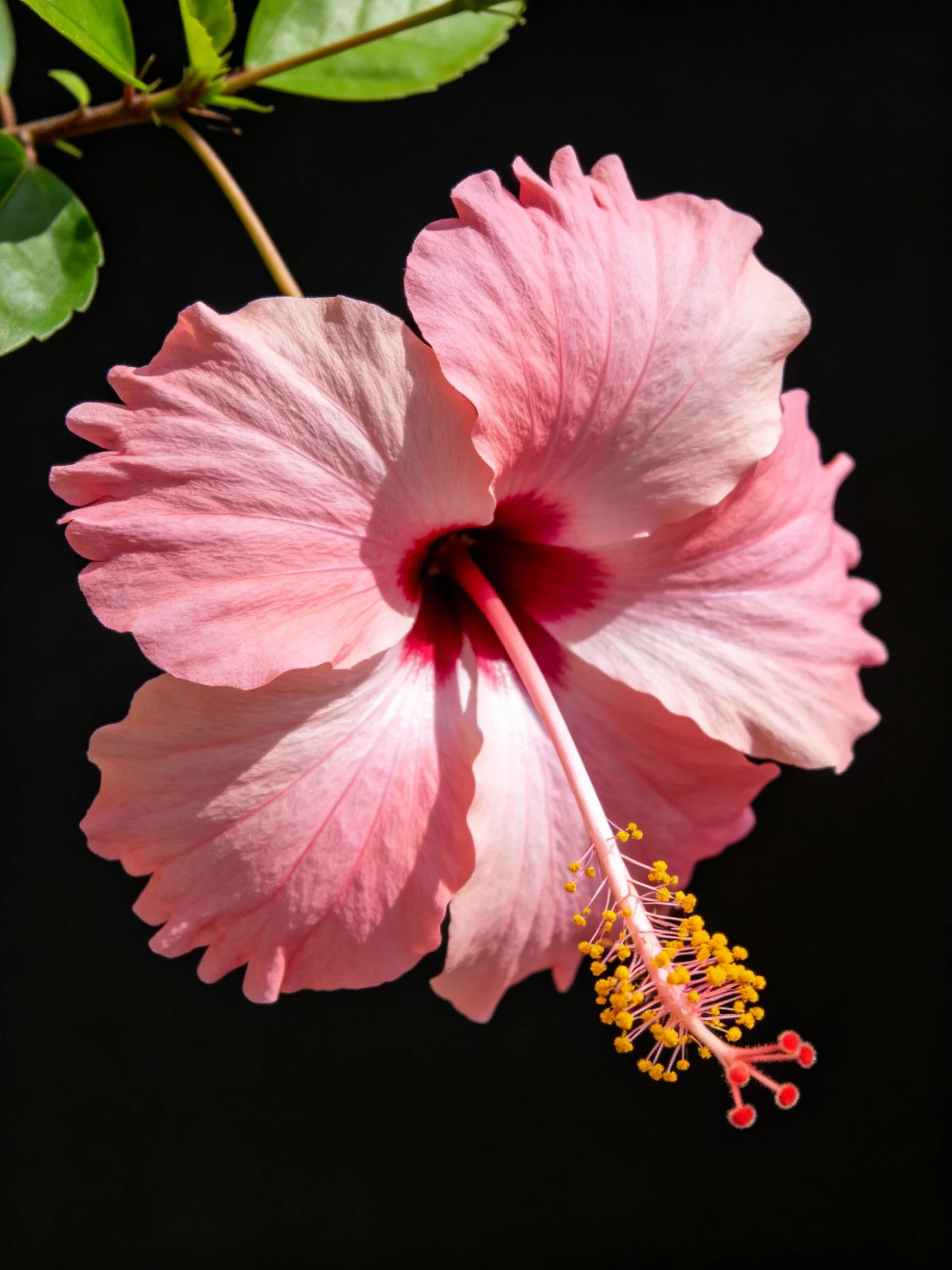 Vibrant pink hibiscus flower with green leaves on dark background