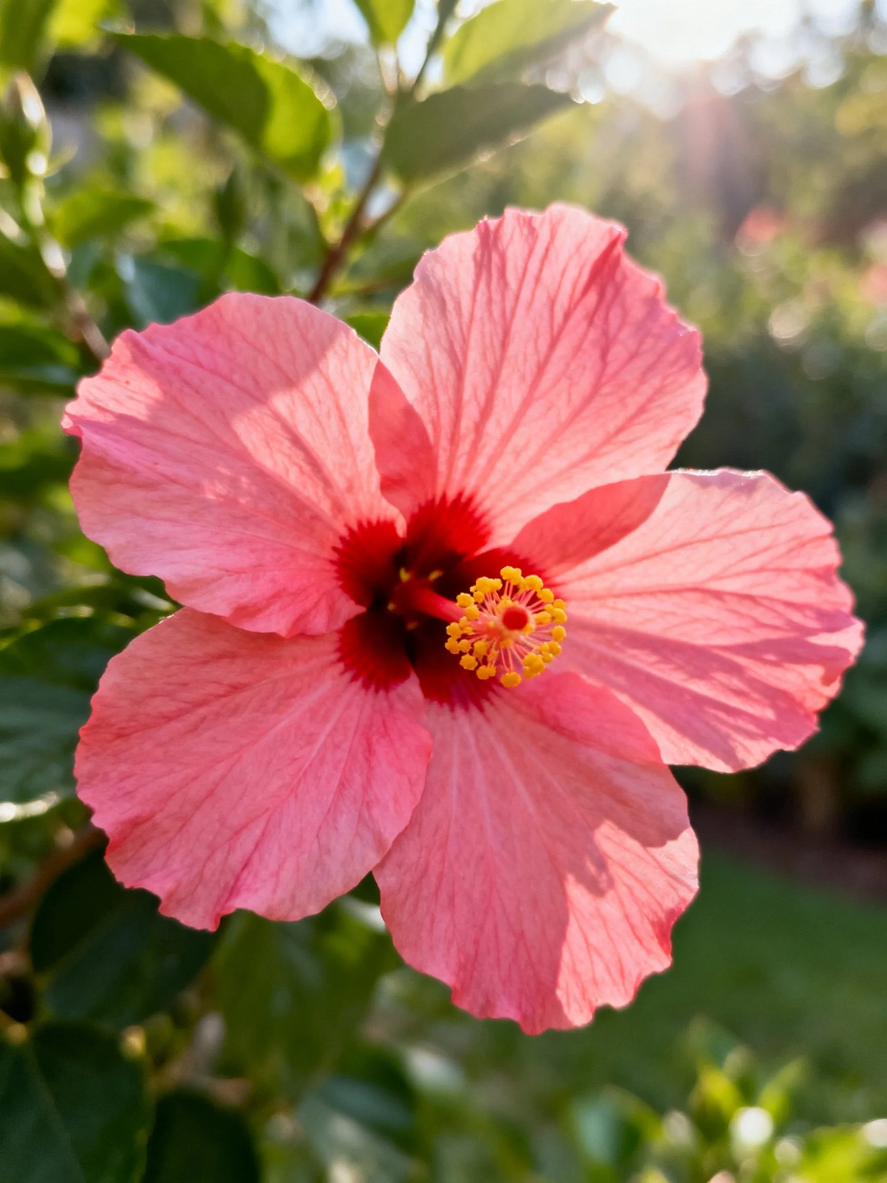Vibrant pink hibiscus flower with red center and green foliage