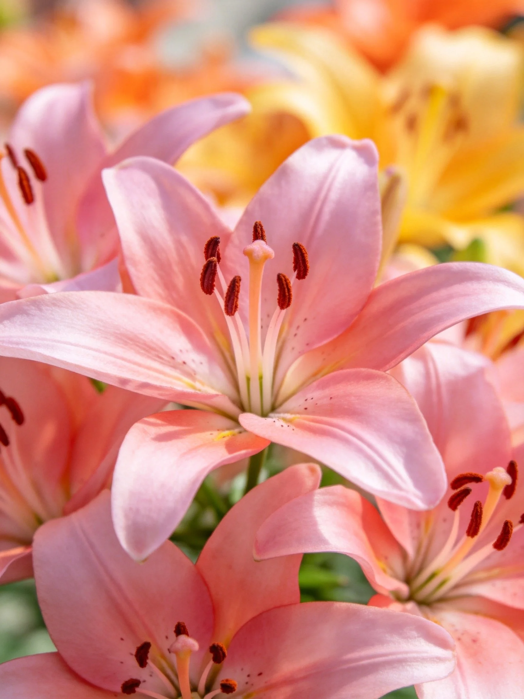 Vibrant pink lily cluster with yellow lily in background