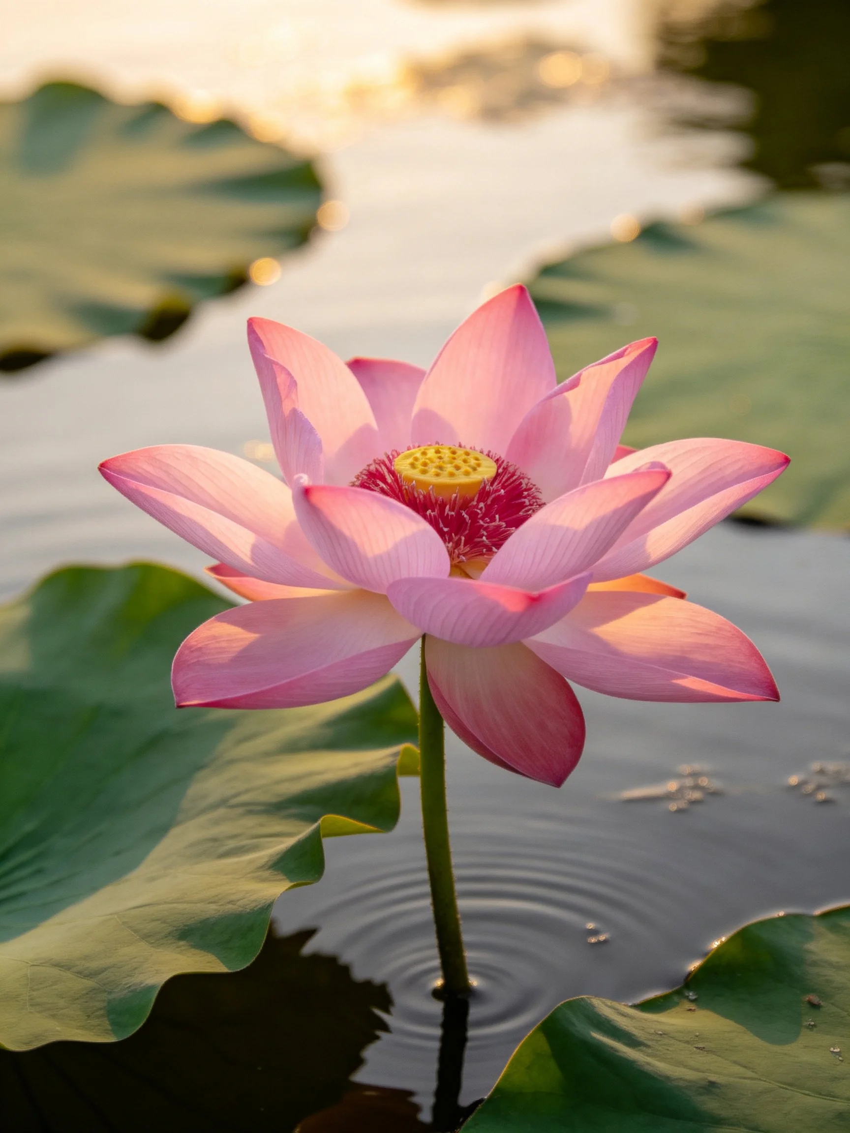 Vibrant pink lotus amid green lily pads in calm water