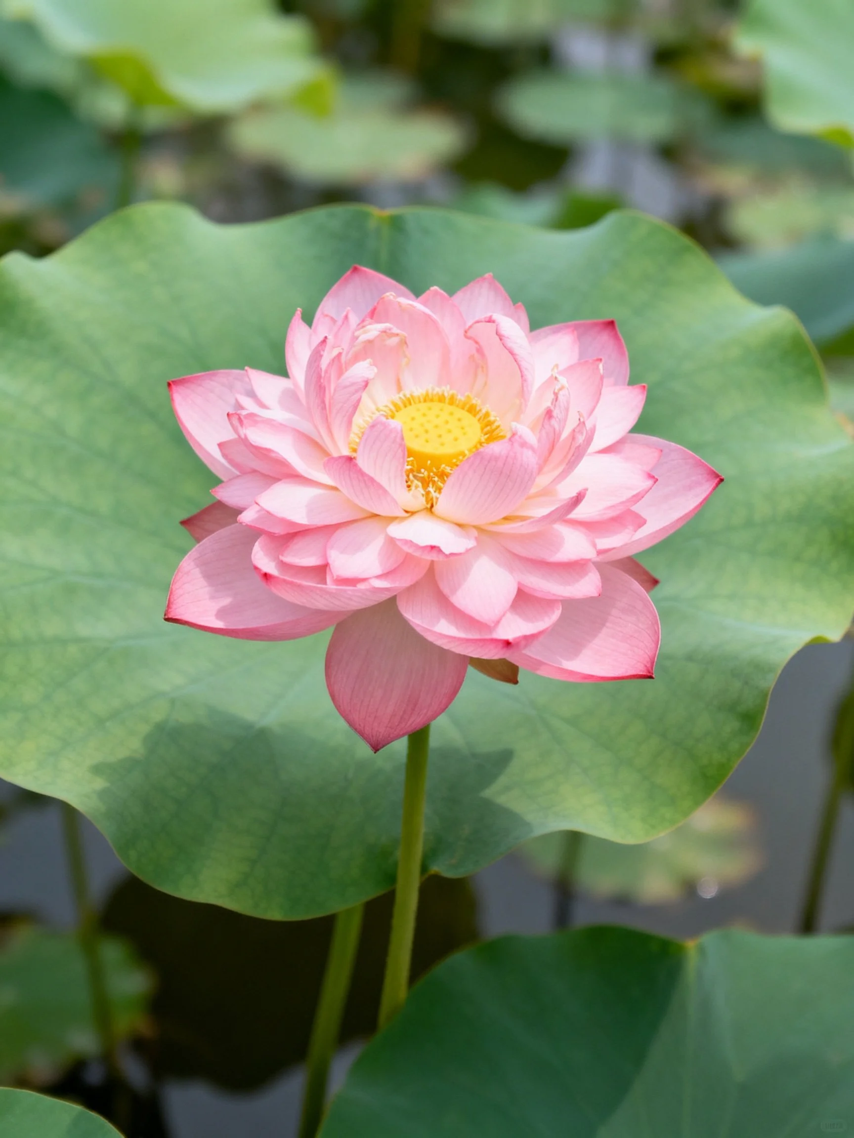Vibrant pink lotus amidst large green lily pads