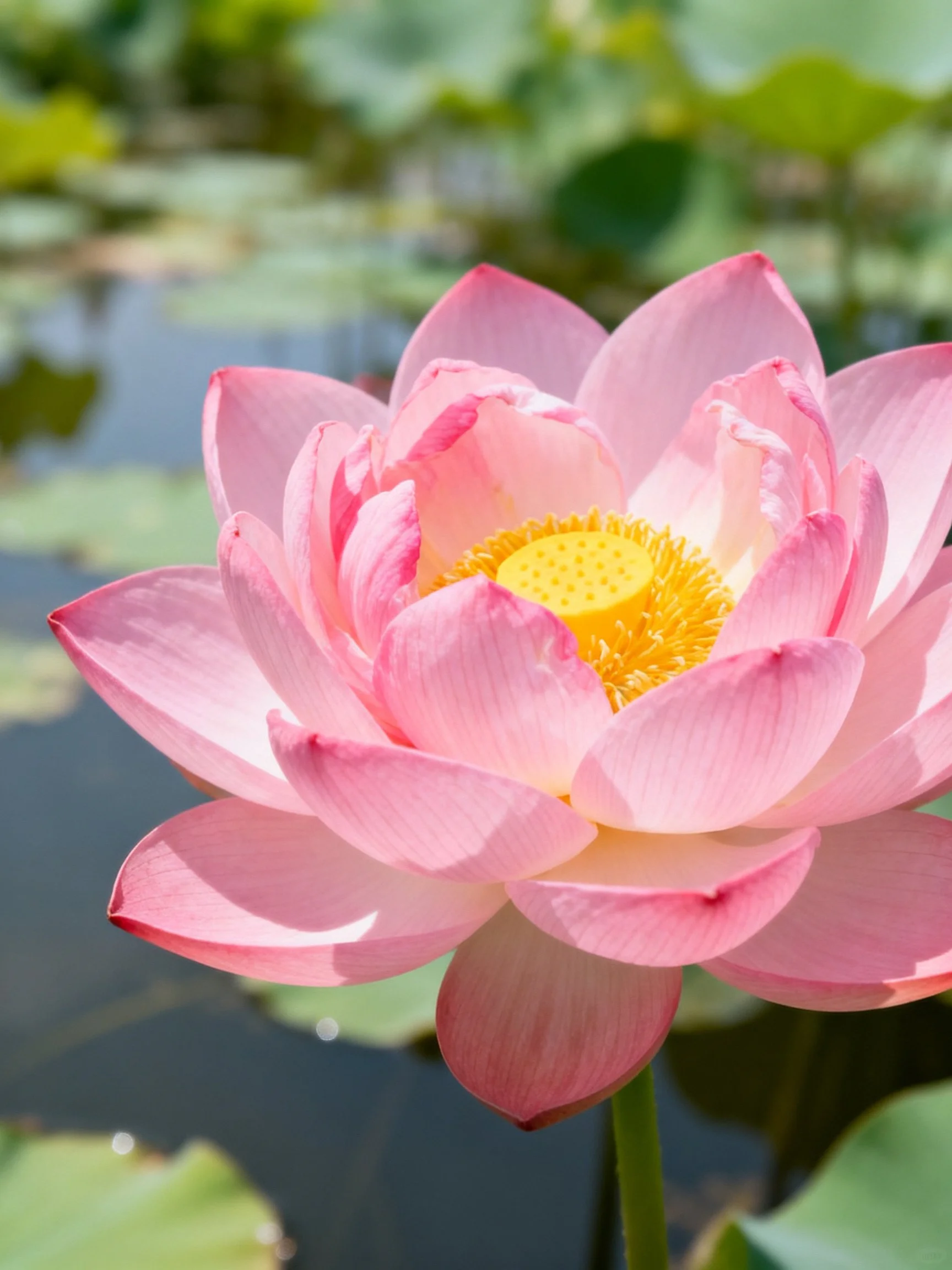 Vibrant pink lotus bloom with golden center