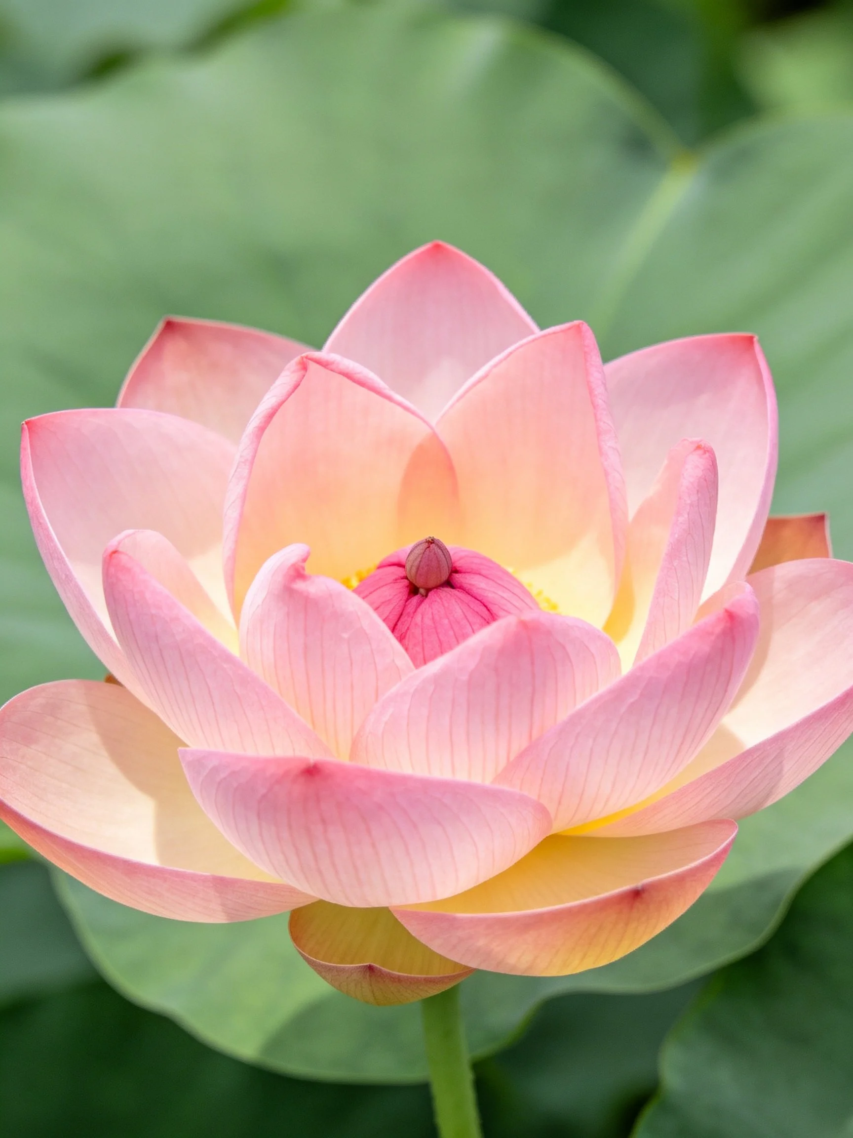 Vibrant pink lotus blooming amid large green leaves