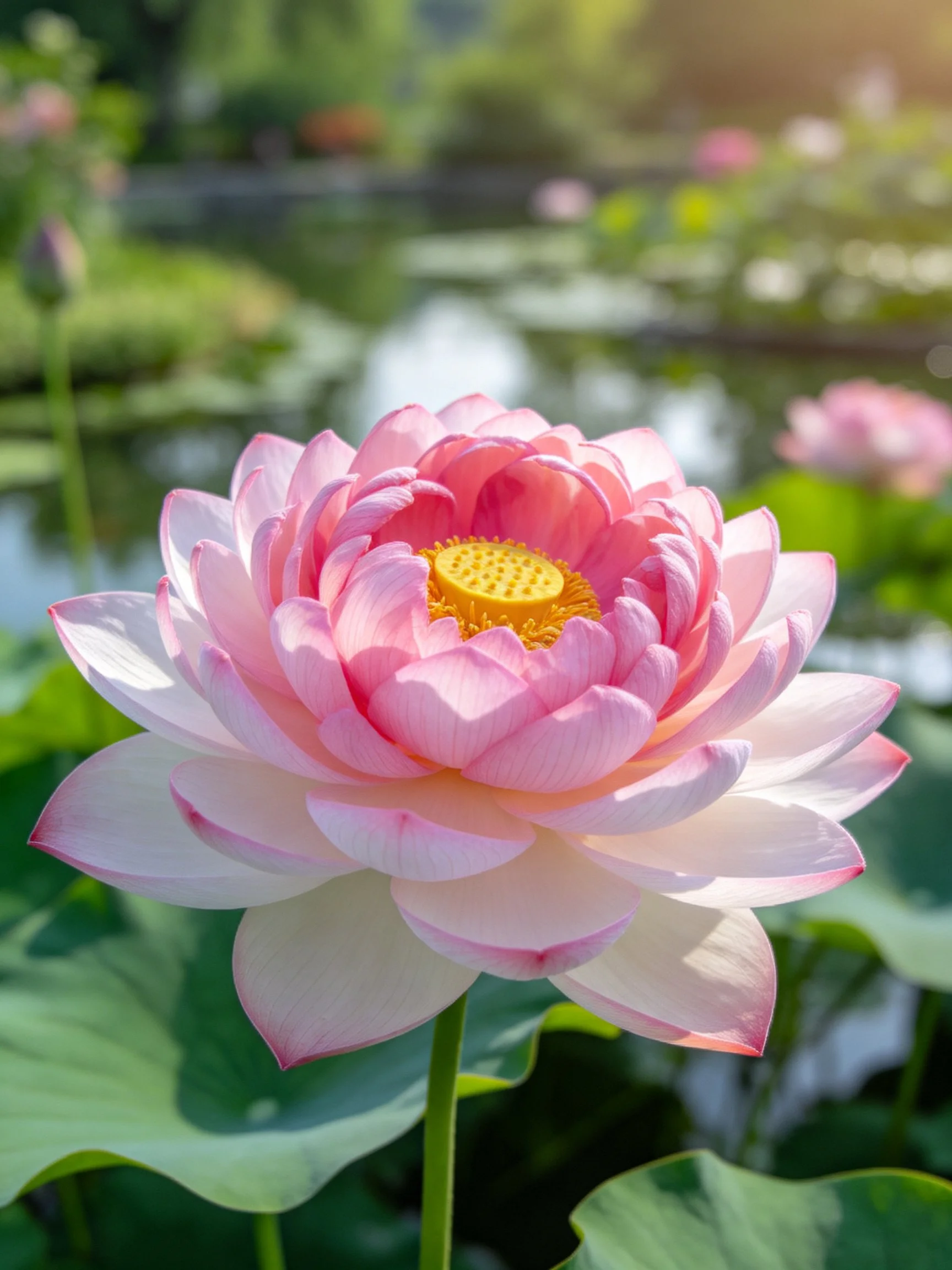 Vibrant pink lotus blooming among green lily pads by calm water