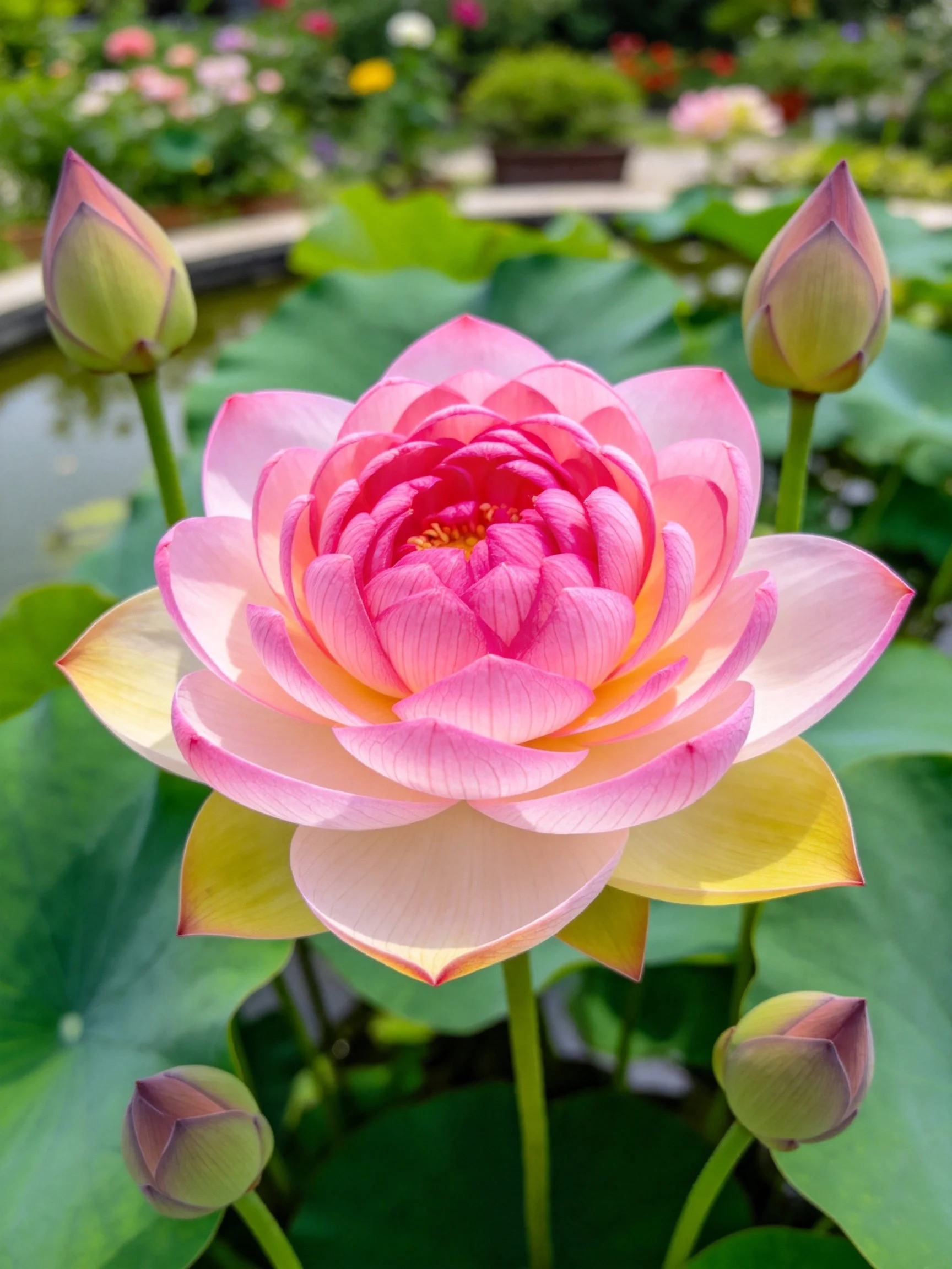Vibrant pink lotus blooms amid green leaves and unopened buds