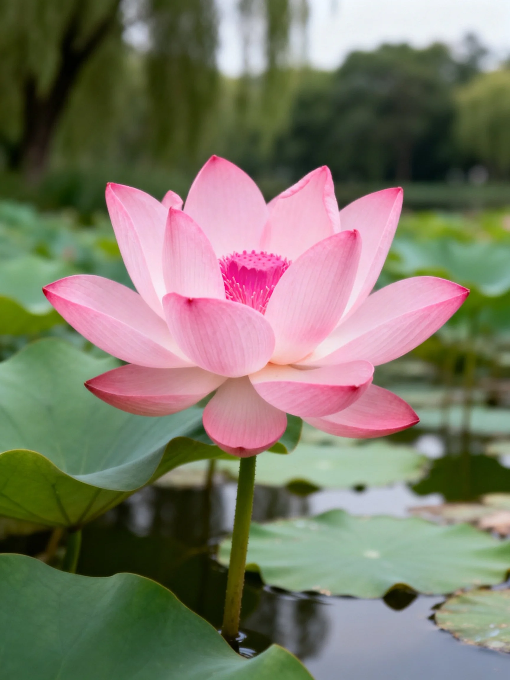 Vibrant pink lotus blooms amid green lily pads by calm water