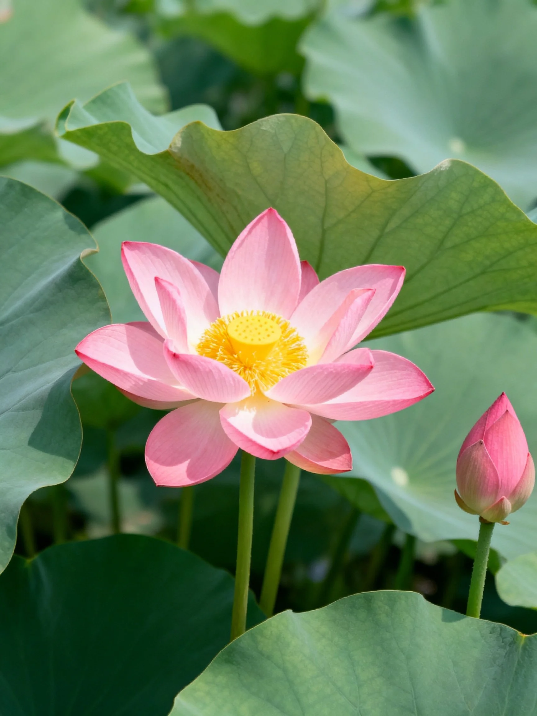 Vibrant pink lotus blooms amid large green leaves and a closed bud