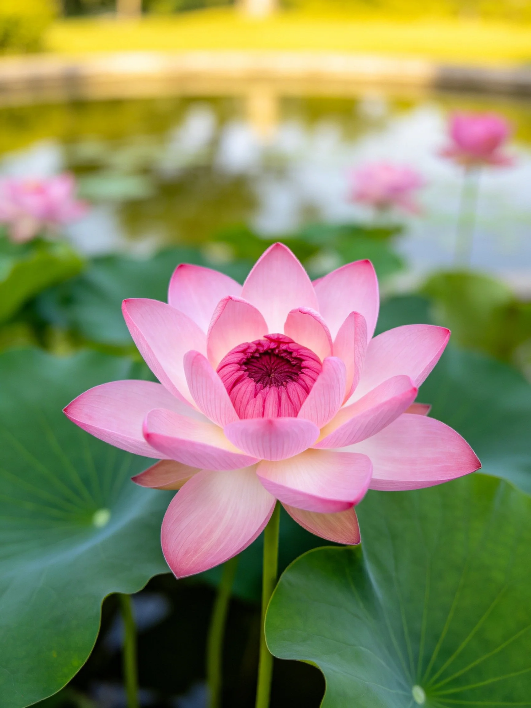 Vibrant pink lotus blooms amid large green leaves by calm water