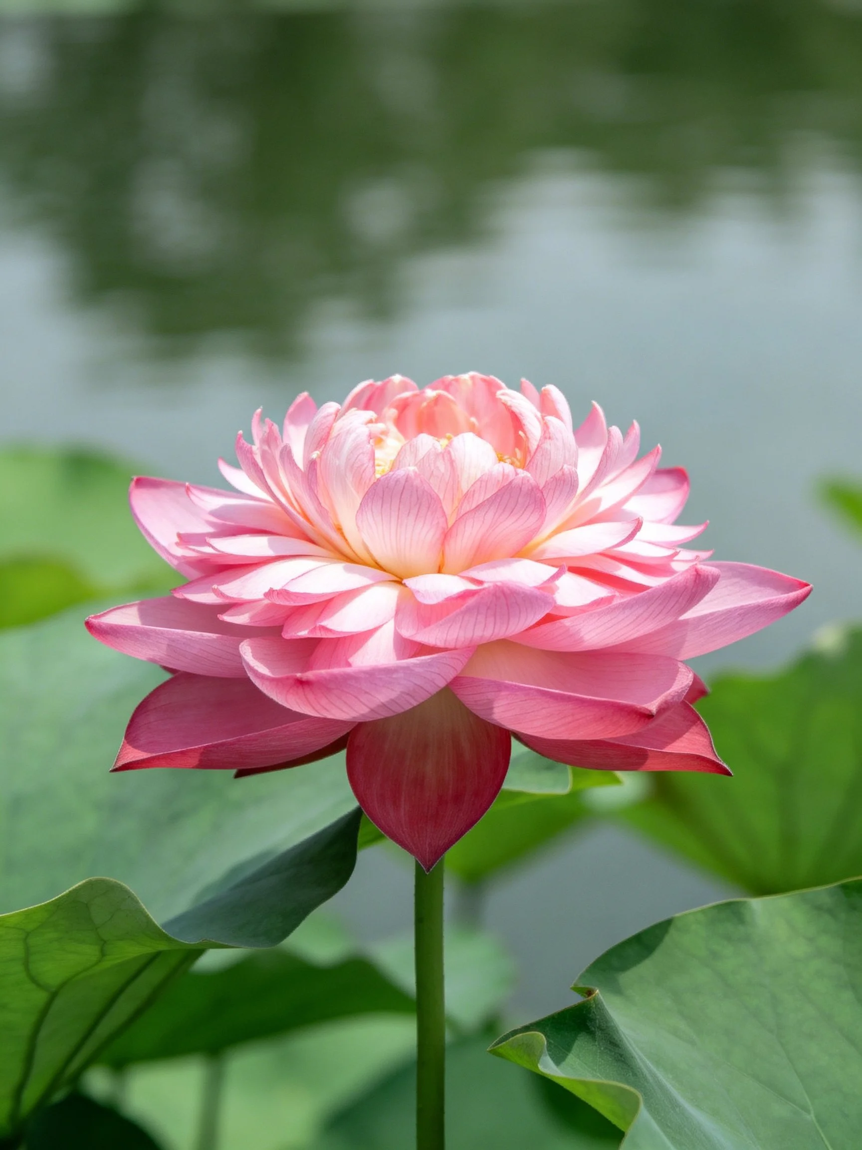 Vibrant pink lotus blooms amid large green leaves by still water